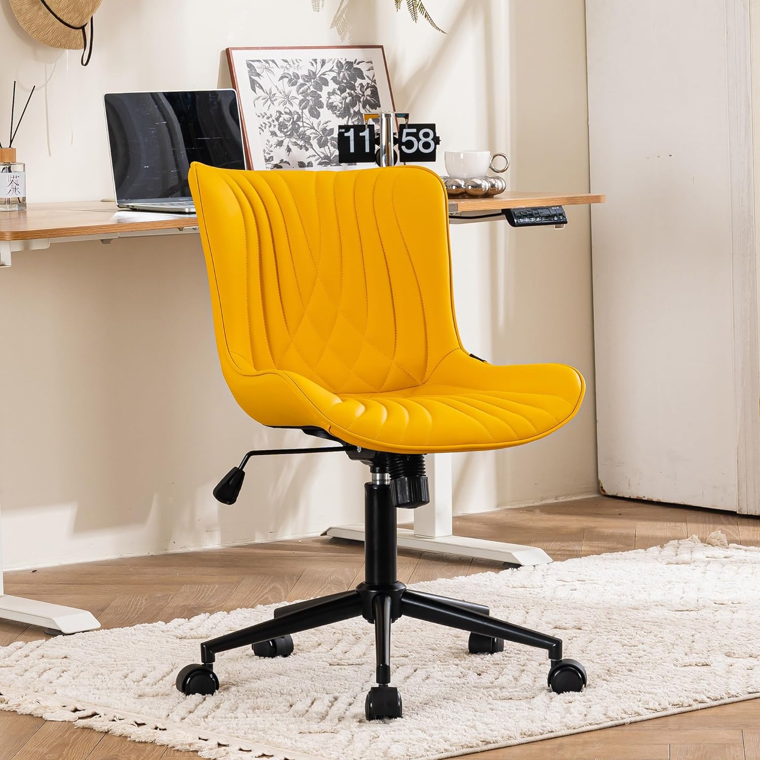 YOUTASTE Office Chair Modern Armless Desk Chair, Height Adjustable Swivel Rocking Computer Task Chair, Faux Leather Sewing Chairs with Wheels, Stylish Lounge Vanity Chair,Yellow