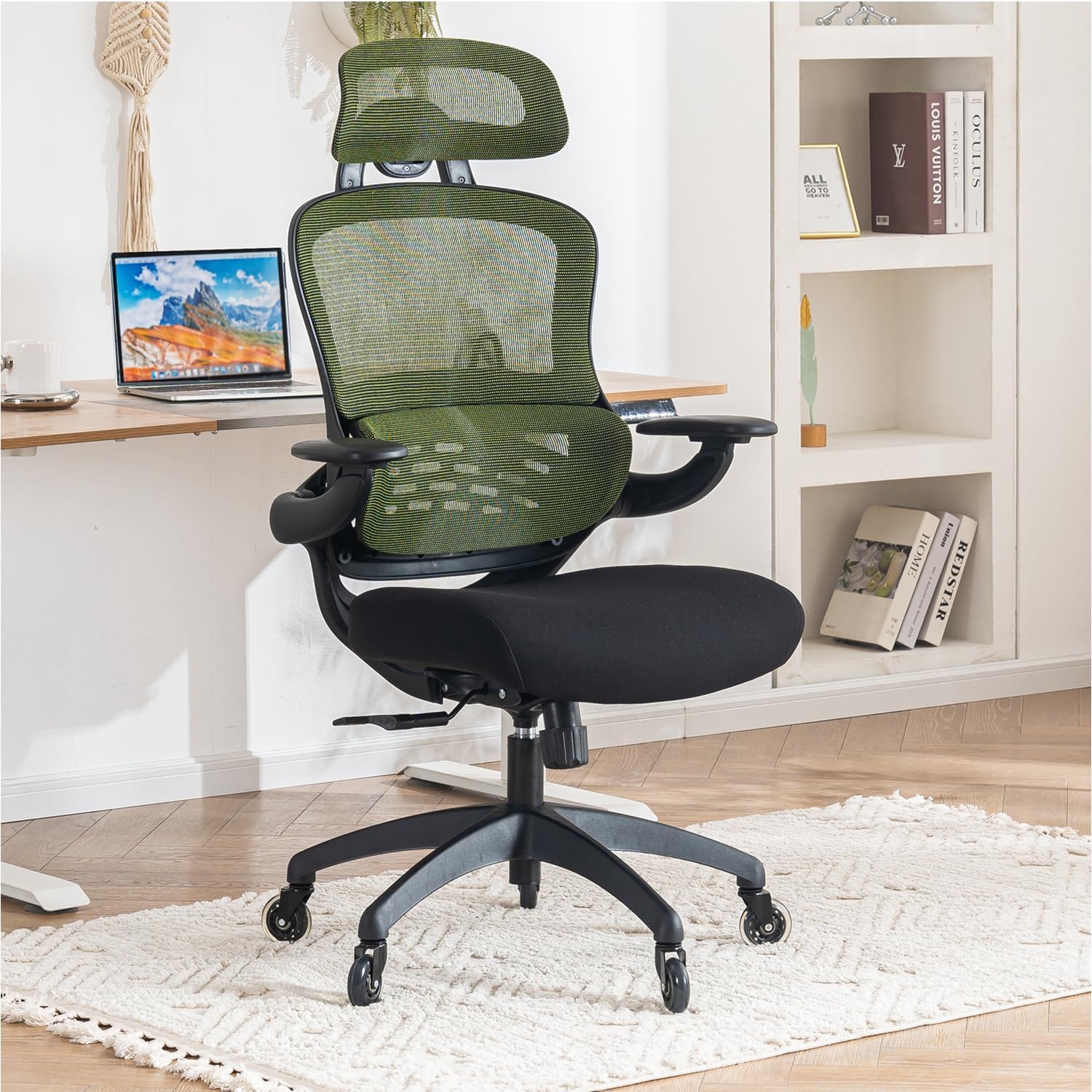 YOUTASTE Ergonomic Office Chair with Wheels Desk Chair Adjustable Height Reclining Computer Chair Flip up 2D Armrest Cushion Mesh Headrest Rolling Chair Lumbar Support Executive Chair Green