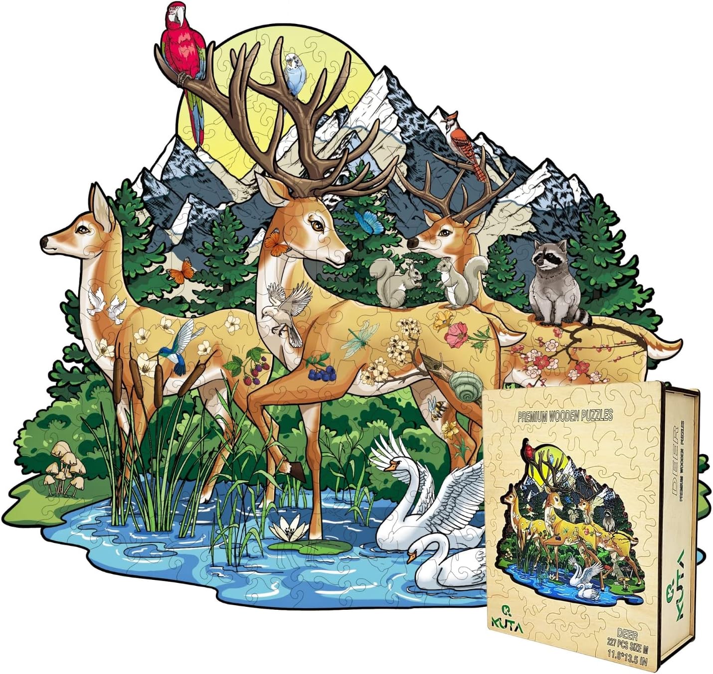 KUTA Wooden Jigsaw Puzzles, Unique Animal Shape, Set with Wall Mounting Kits for Decoration, Best Gift for Children and Adults (Deer)