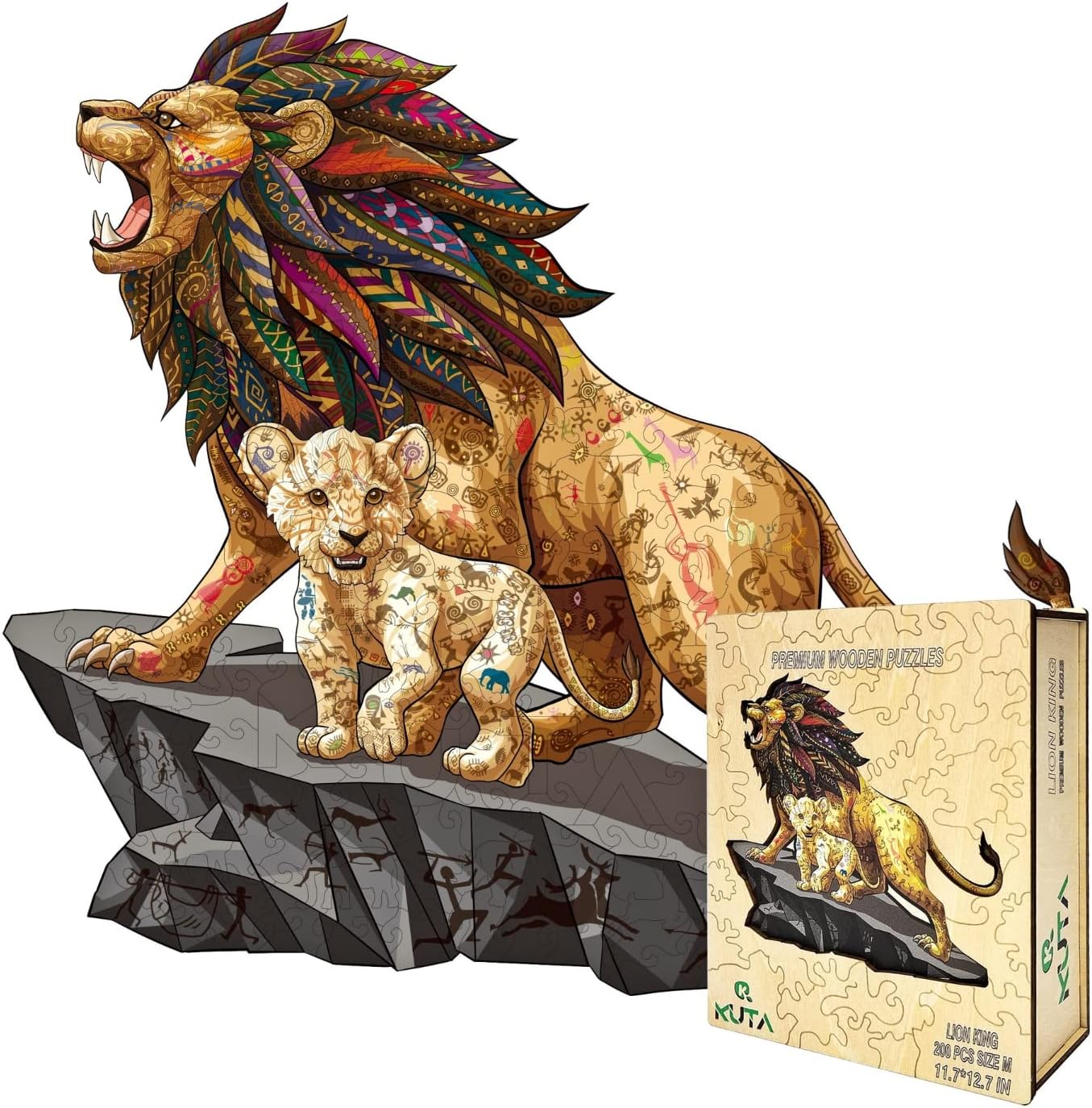 KUTA Wooden Jigsaw Puzzles, Unique Animal Shape, Set with Wall Mounting Kits for Decoration, Best Gift for Children and Adults (Lion King)