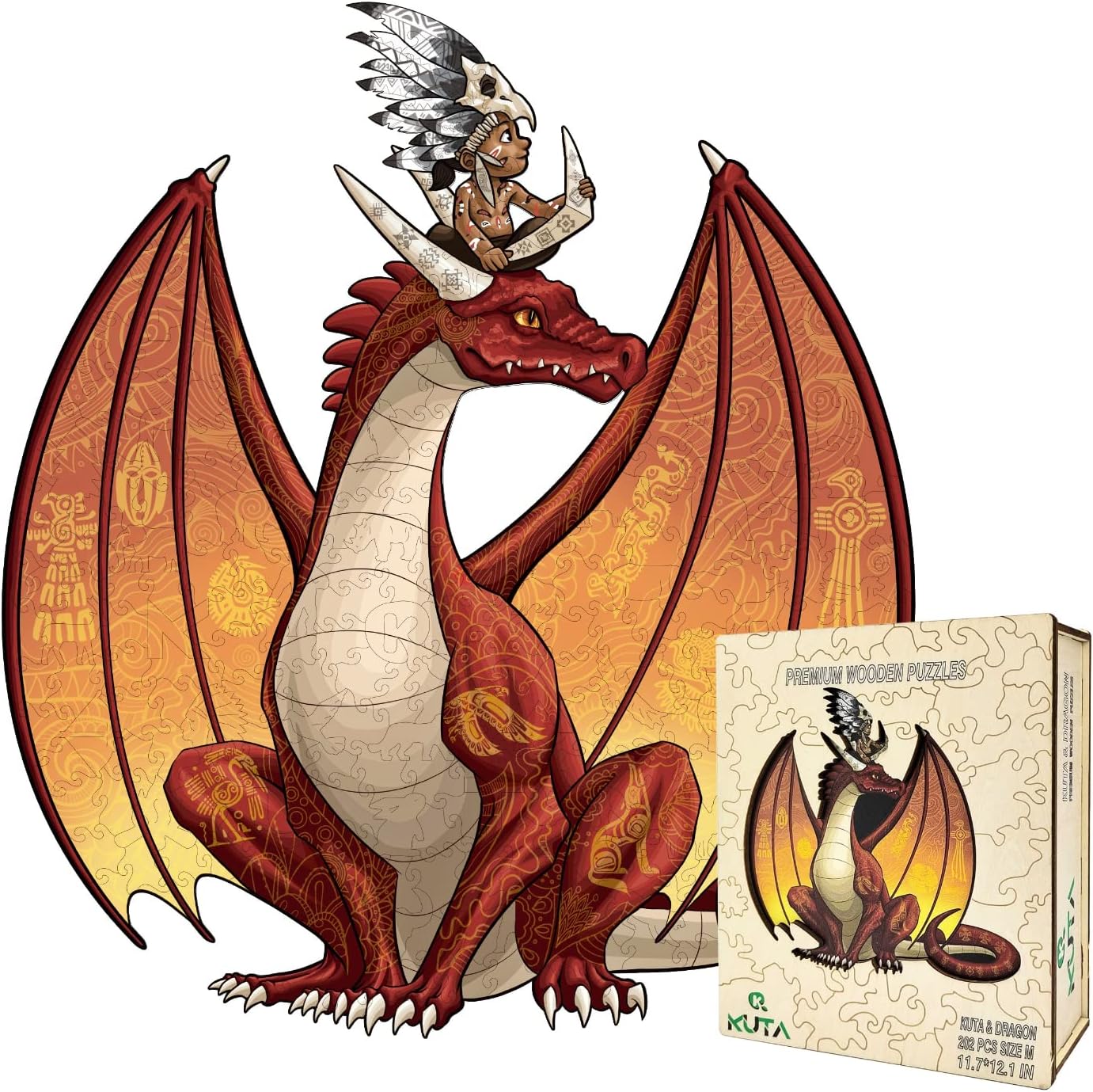 KUTA Wooden Jigsaw Puzzles, Unique Animal Shape, Set with Wall Mounting Kits for Decoration, Best Gift for Children and Adults (Kuta&Dragon)