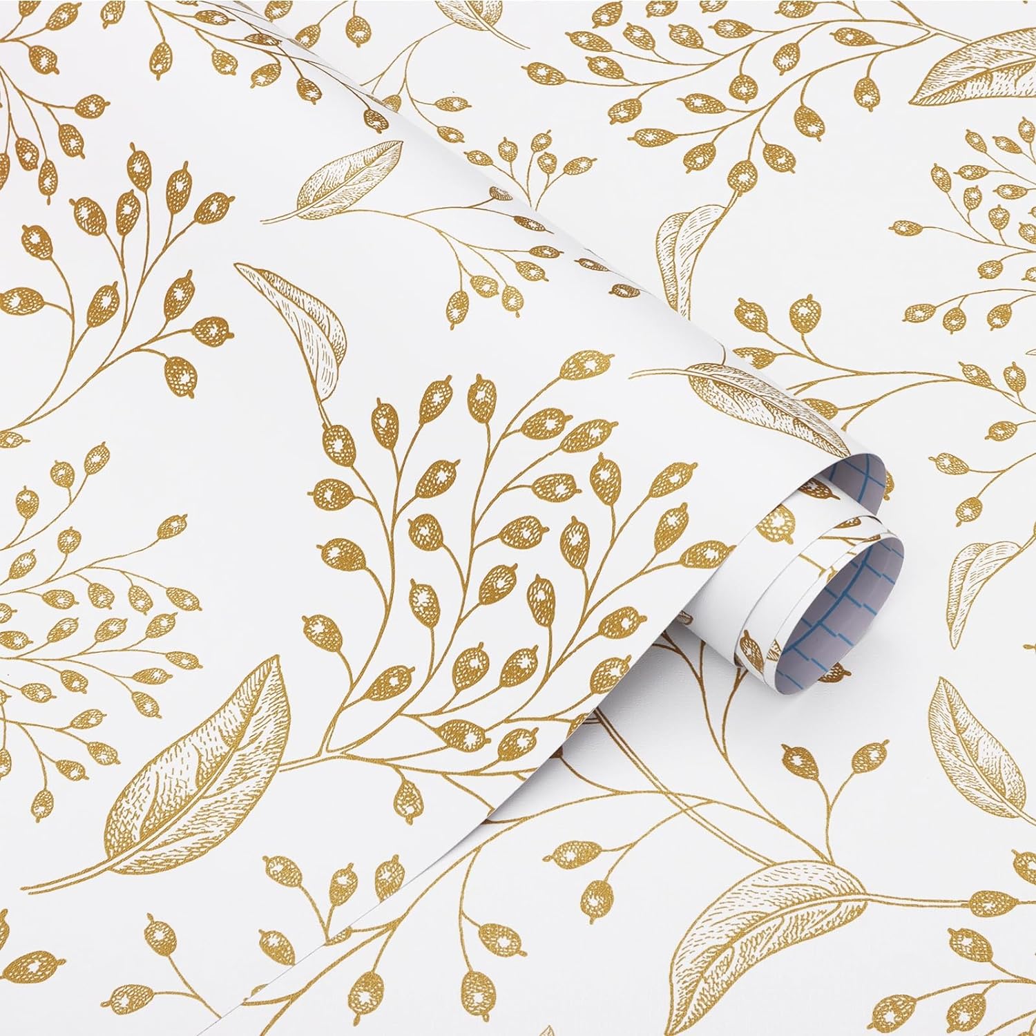 Heroad Brand Peel and Stick Wallpaper Gold and White Wallpaper Boho Peel and Stick Wallpaper Floral Contact Paper Leaf Removable Wallpaper Self Adhesive for Cabinets Shelf Liner Vinyl Roll 118x17.3