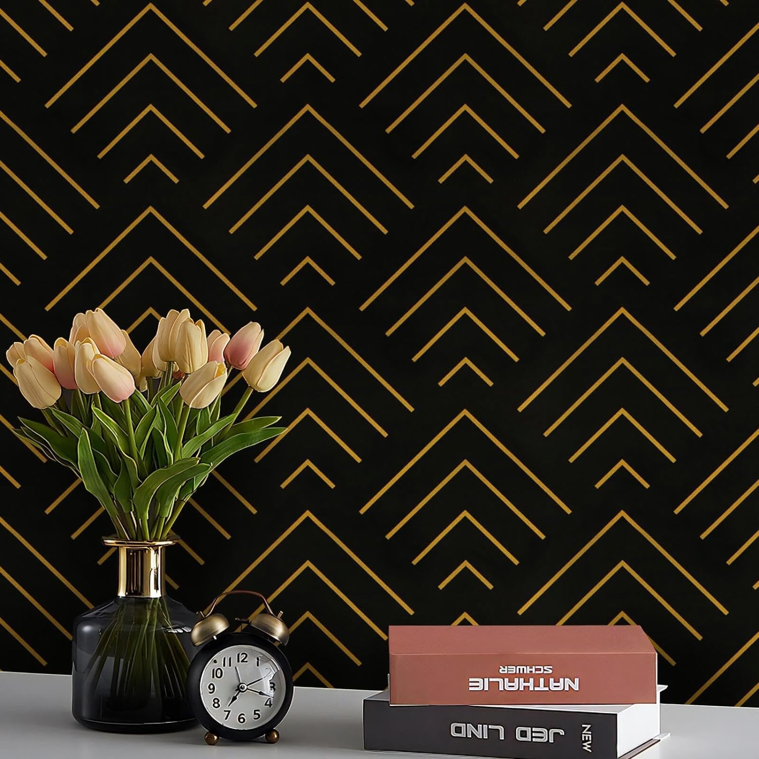 Heroad Brand Peel and Stick Wallpaper Black and Gold Wallpaper Geometric Wallpaper Black and Gold Contact Paper Self Adhesive Removable Wallpaper for Cabinets Waterproof Thicken Vinyl 78.7x17.3