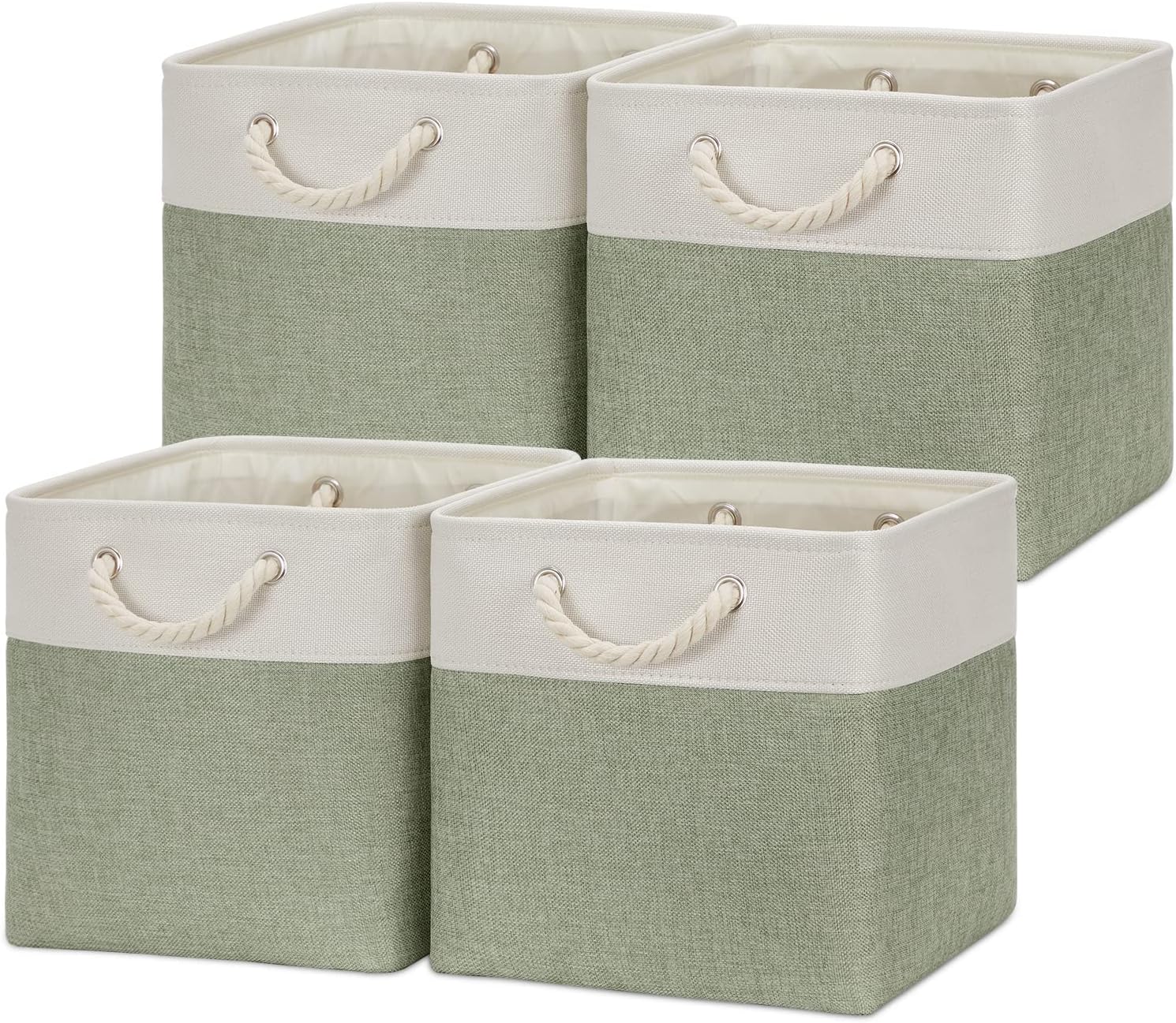 Temary Cube Storage Baskets for Shelves 12 Inch Storage Cubes 4pack Fabric Storage Baskets for Organizing Toys, Clothes, Closet Baskets with Rope Handles for Nursery Home (White&Green)