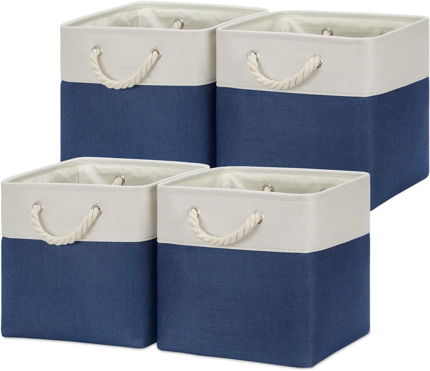 Temary Fabric Storage Cubes for Organizing 4Pack Blue Fabric Storage Basket 12 Inch Cube Storage Bins with Handles for Organizing Toys, Shelf Baskets for Home Office Closet (White&Blue)