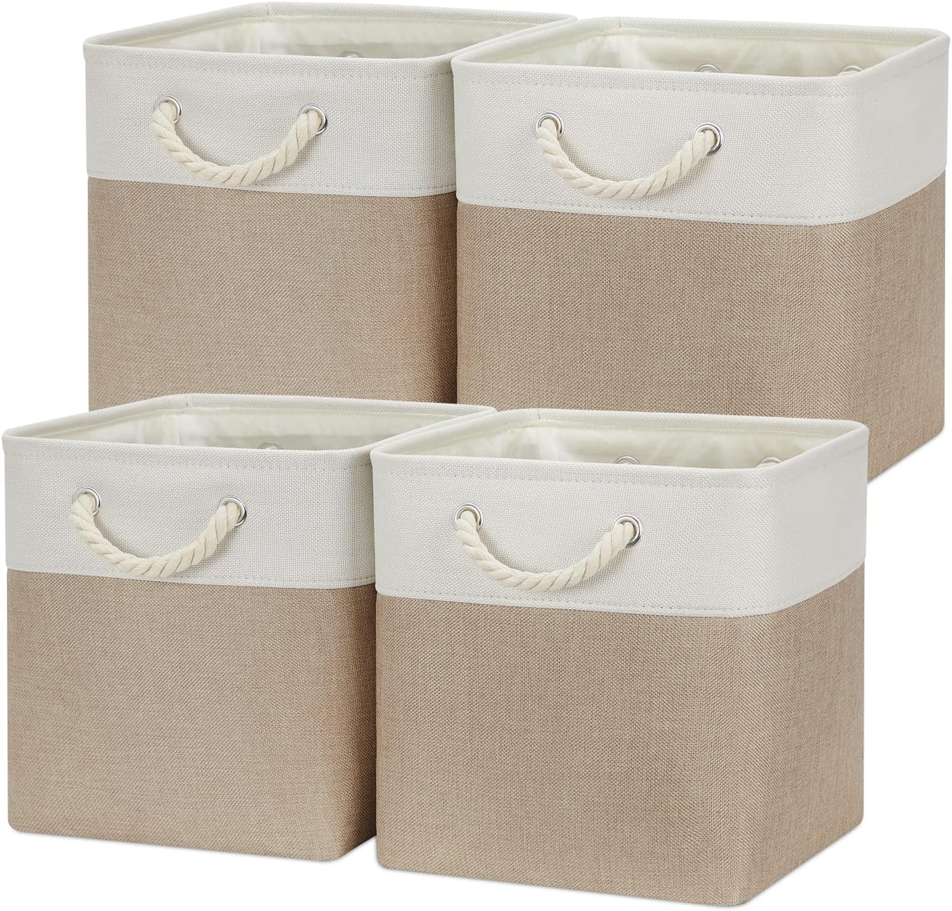 Temary 4 Pack Cube Storage Bins Cloth Baskets for Shelf, Fabric Storage Cubes 12 x 12 Baskets Gift Empty Toy Baskets for Kids, Dog Toy Baskets for Storage (White&Khaki)