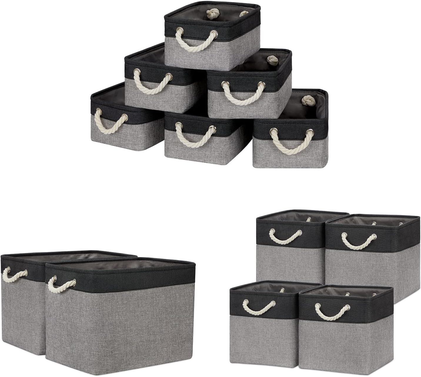 Temary Storage Baskets Small Fabric Storage Bins Large Baskets for Organizing Towels, Blankets (Black&Gray, 6Pack-11.8Lx7.9Wx5.3H , 2Pack-16Lx12Wx12H , 4Pack-12Lx12Wx12H )