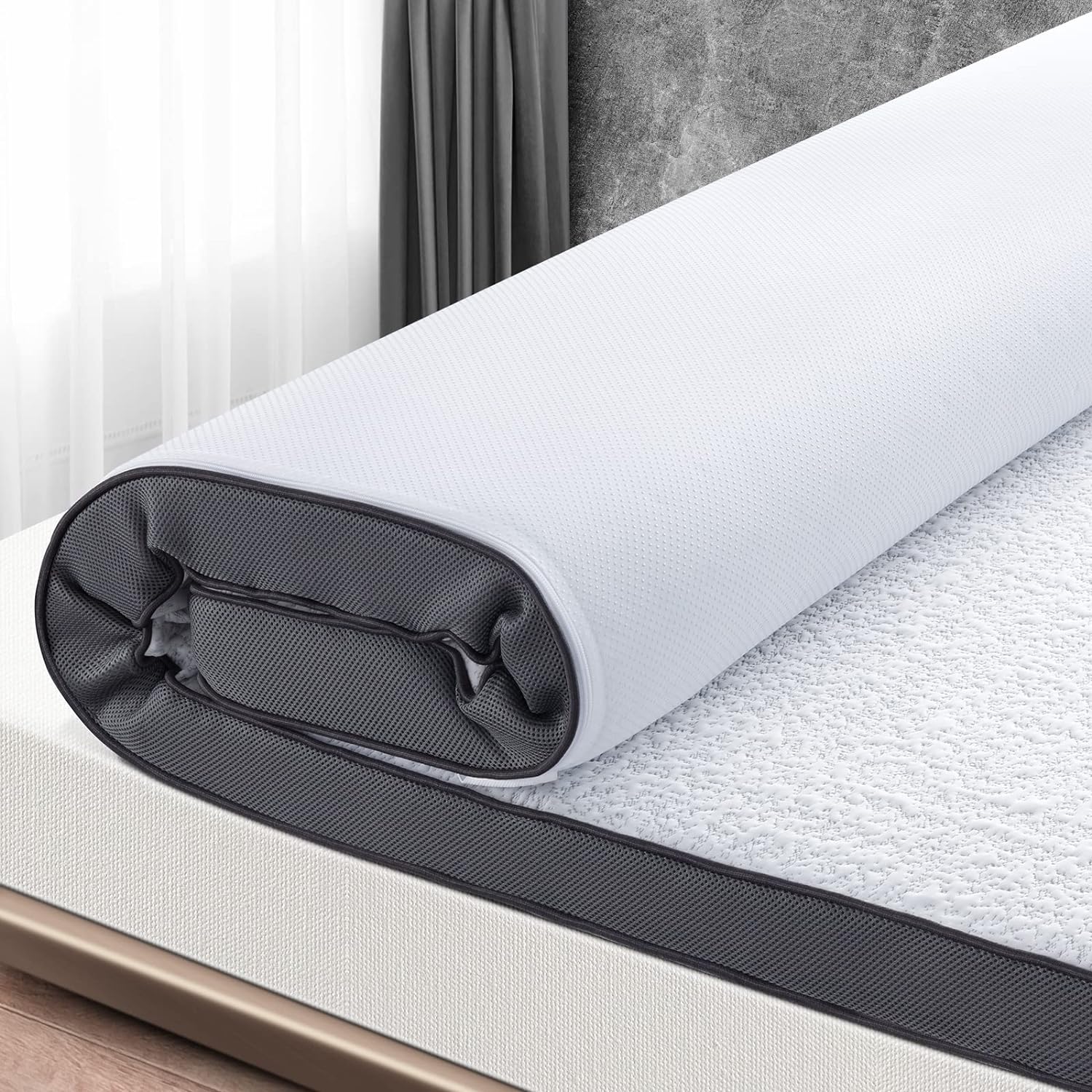 UniPon 3 Inch Memory Foam Mattress Topper Queen Cooling Mattress Topper Bamboo Charcoal Infused Bed Topper with Tencel Fiber Ingredient Removable Cover