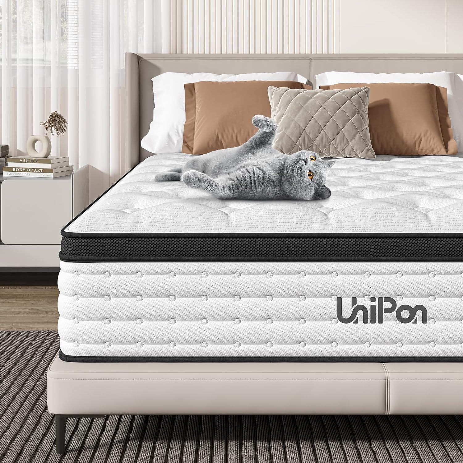 UniPon 14 inches Queen Size Hybrid Mattress, Medium Firm Mattress with Gel Memory Foam, Pocket Spring Mattress in a Box, 60 * 80 inches