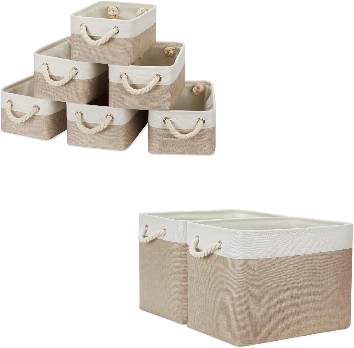 Temary Fabric Storage Baskets Set Of 6 Small Storage Bins Bundled with 2 Pack Decorative Baskets for Storage (White&Khaki, 11.8Lx7.9Wx5.3H Inches, 16Lx12Wx12H inches)