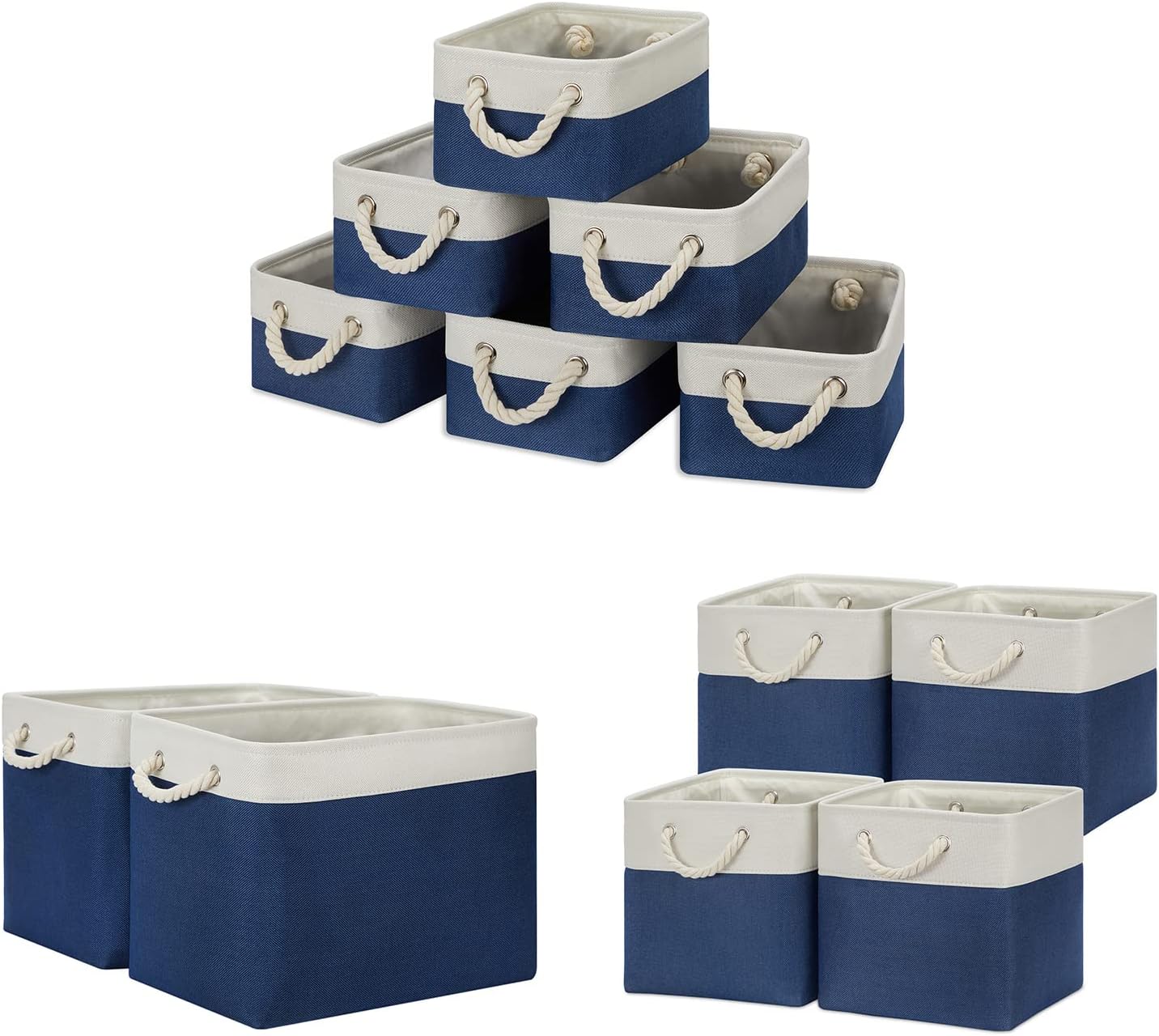 Temary Small Storage Baskets for Shelves, Fabric Storage Bins for Organizing Clothes, Toys, Books (White&Blue, 6Pack-11.8Lx7.9Wx5.3H , 2Pack-16Lx12Wx12H , 4Pack-12Lx12Wx12H )