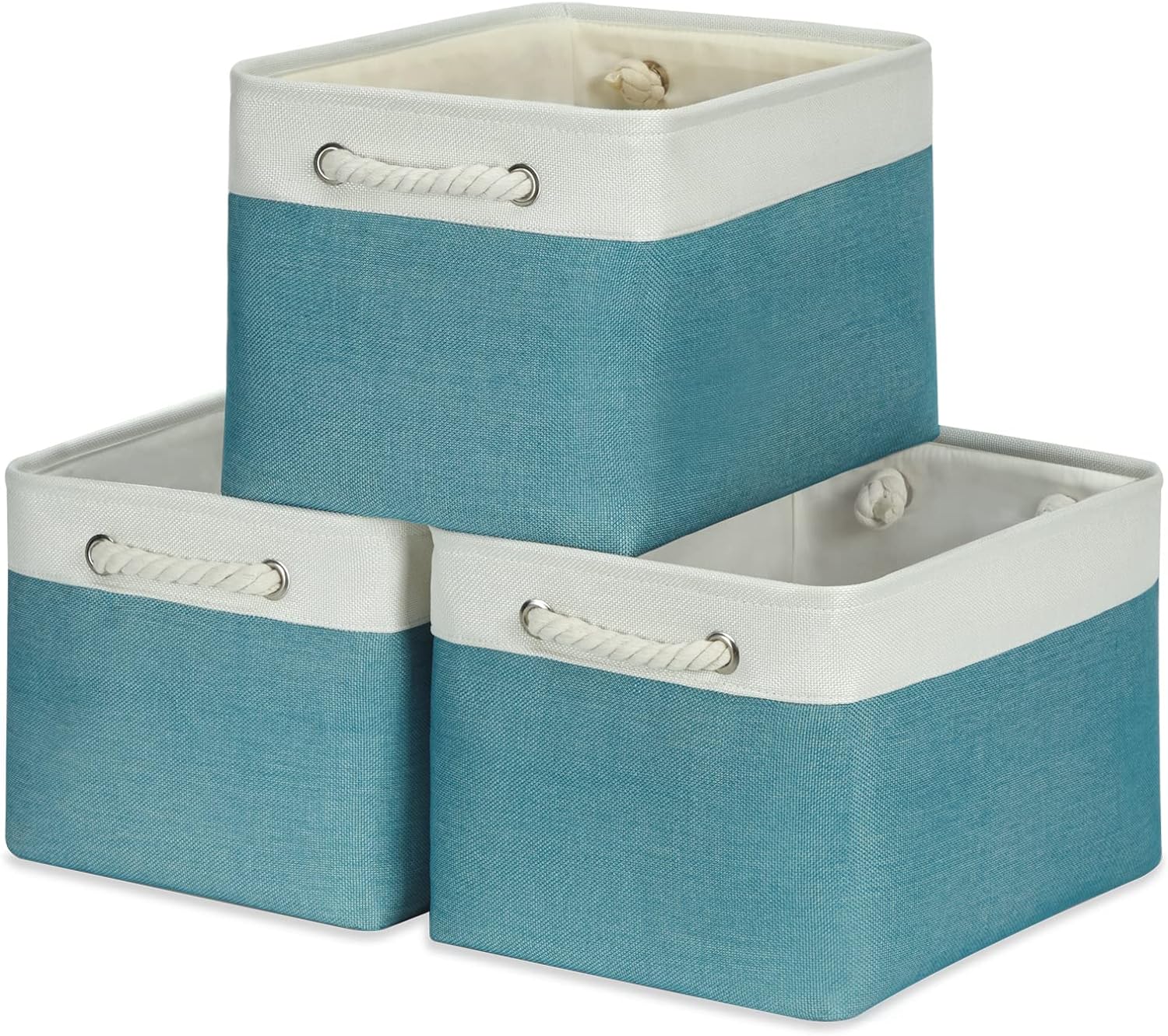 Temary Fabric Baskets Storage Baskets for Organizing 3 Pcs Collapsible Storage Bins Decorative Baskets for Gifts Empty, Home, Office (White&Teal,15Lx11Wx9.5H Inches)