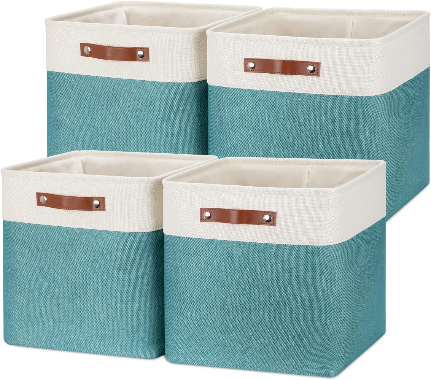 Temary Fabric Storage Cubes 13x13 Storage Baskets for Organizing, 4Pack Large Fabric Storage Bins with Handles Cube Storage Baskets for Storage Clothes, Toys, Books (White&Teal)