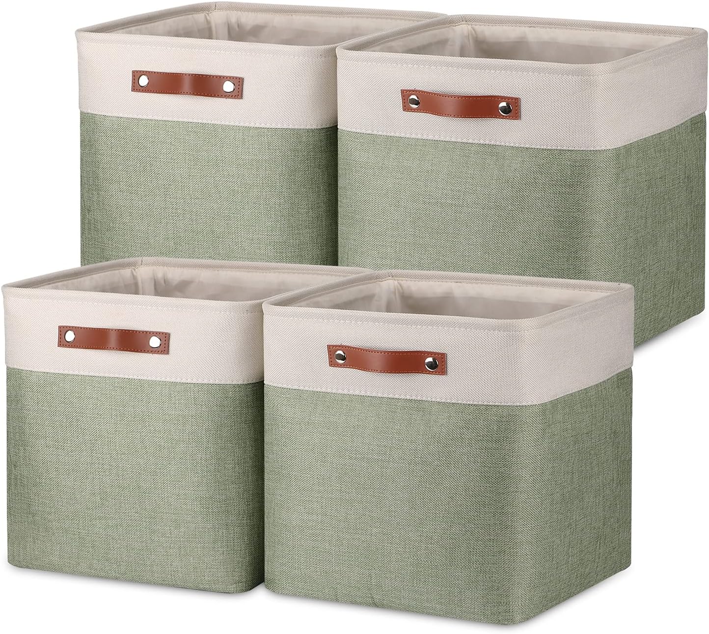 Temary Cube Storage Baskets for Shelves 4pack Fabric Storage Basket for Organizing Toys, Clothes, 13 Inch Storage Cubes with Leather Handles, Closet Baskets Nursery Home (White&Green)
