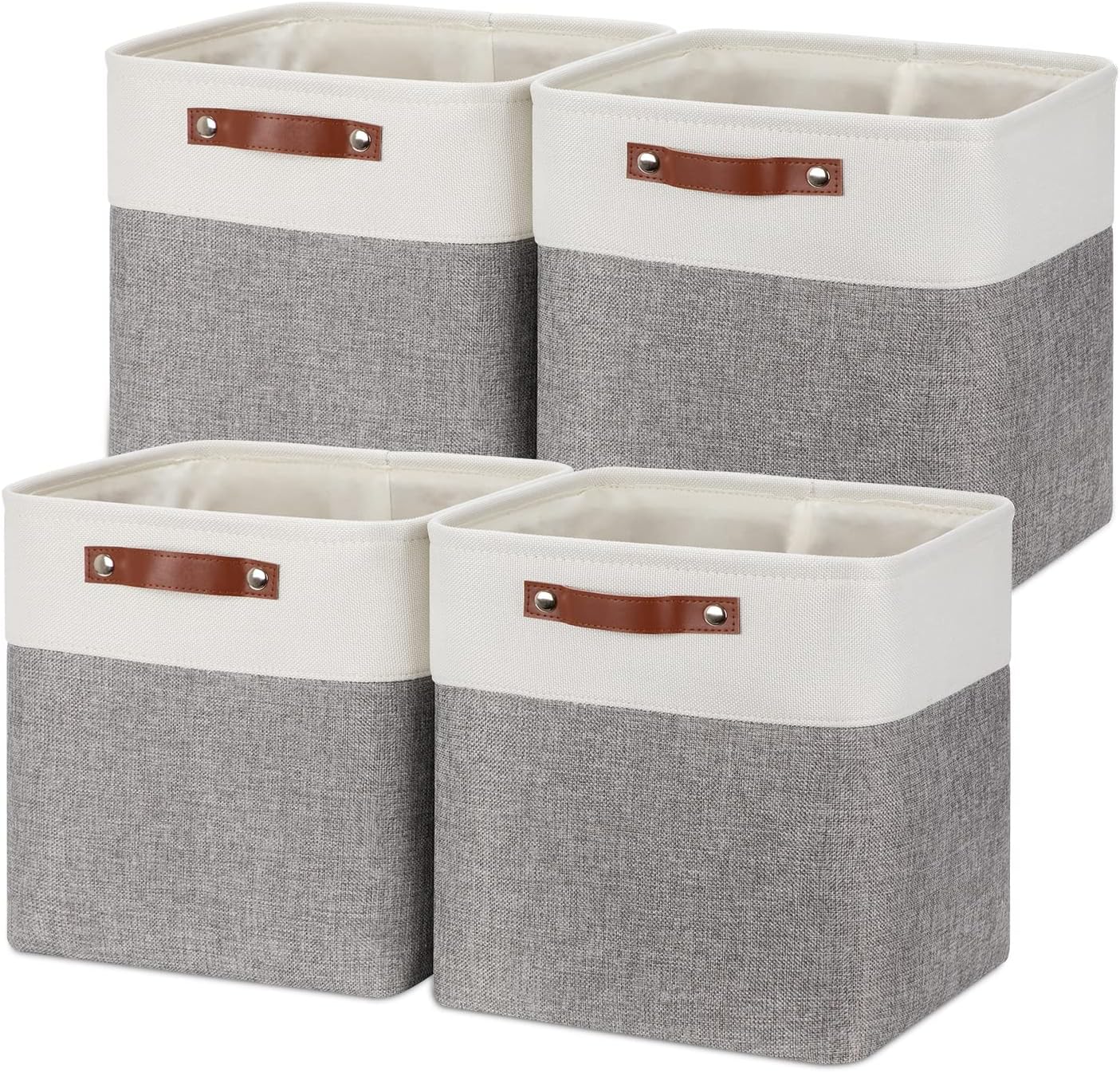 Temary 12 Inch Storage Baskets Foldable Fabric Storage Cubes 4PCs Storage Bins Organizer with Handles, Baskets for Organizing Clothes, Toys, Towels (White & Grey, 12 x 12 x 12)