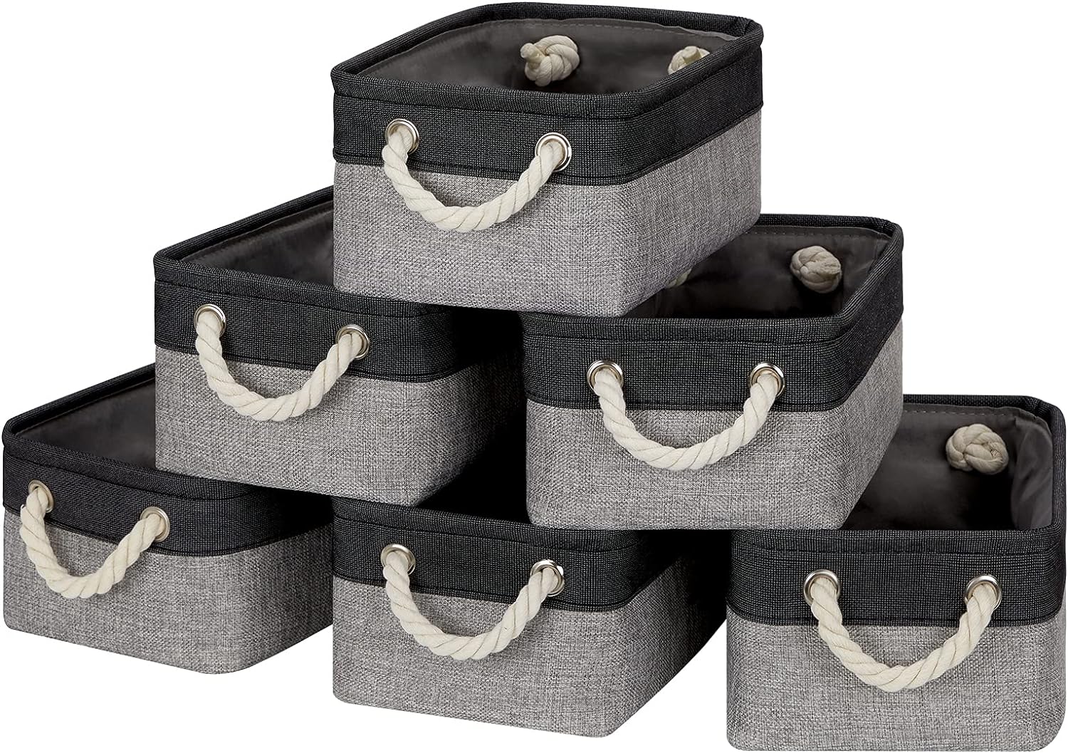 Temary Fabric Storage Baskets 6 Pcs Small Cloth Basket for Shelves Collapsible Decorative Storage Organizer Small Canvas Storage Bins with Handles for Nursery, Home(Black,11.8L x 7.9W x 5.3H inches)