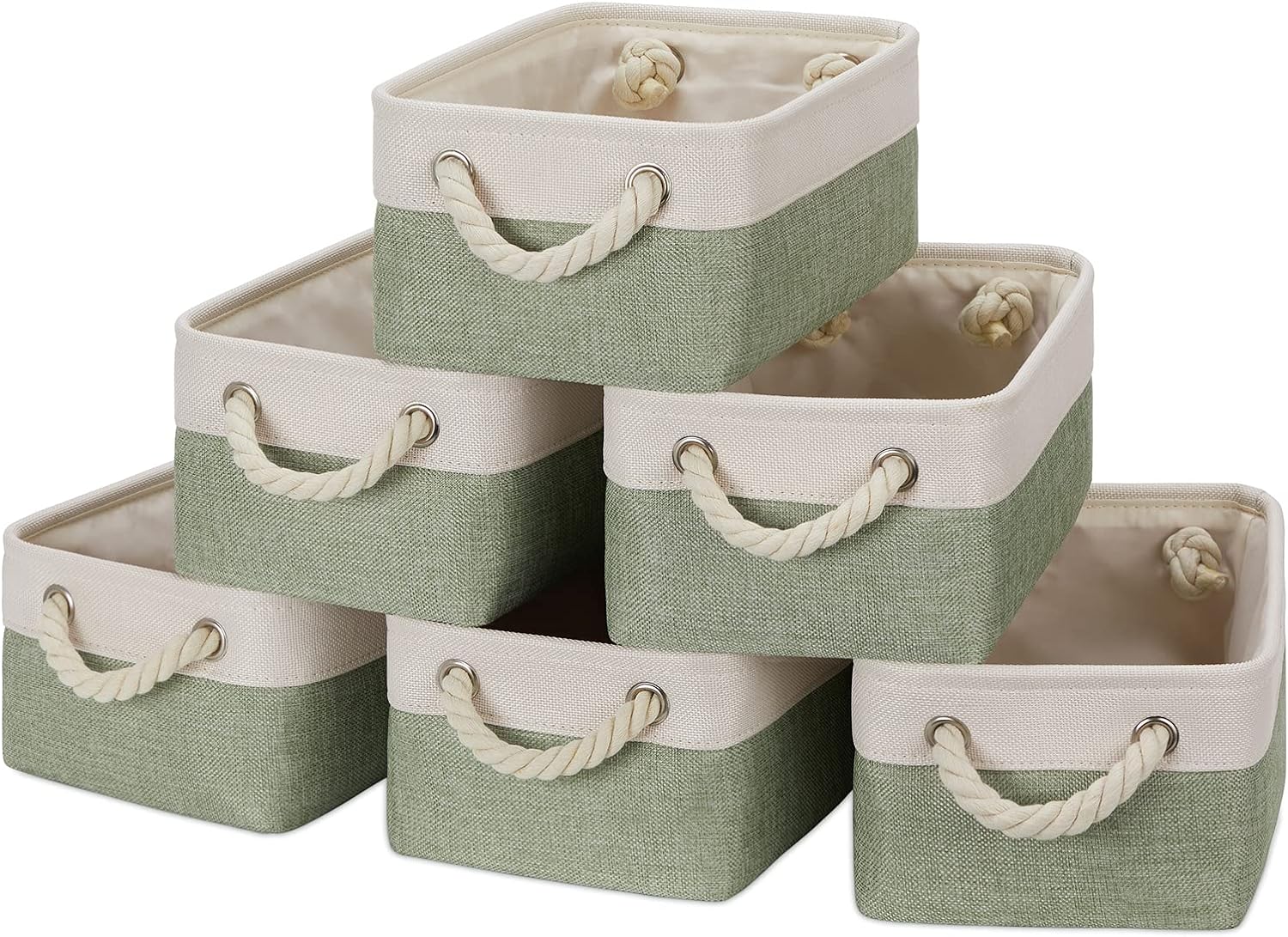 Temary Small Storage Baskets Small Fabric Bins for Closet, 6 Pack Decorative Storage Boxes with Rope Handles for Organizing Toys, Clothes, Canvas Storage Basket(White&Green,11.8L x 7.9W x 5.3H inches)