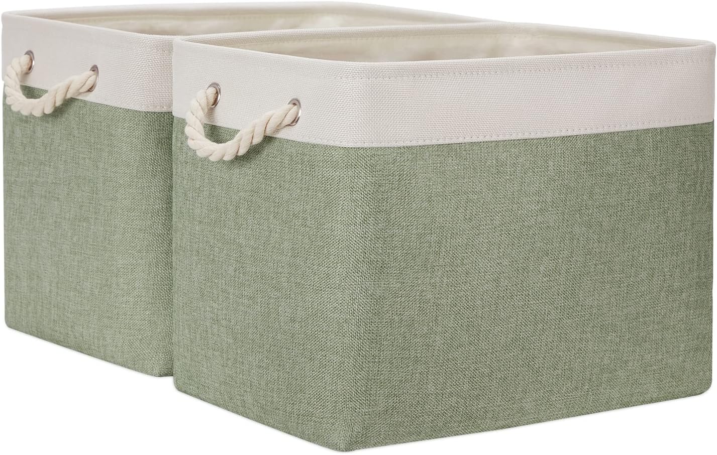 Temary Storage Baskets Fabric Storage Bins for Shelves, 2 Pack Decorative Storage Boxes Canvas Storage Basket with Handles for Organizing Toys, Baby Clothes, Books(White&Green,16Lx12Wx12H Inches)