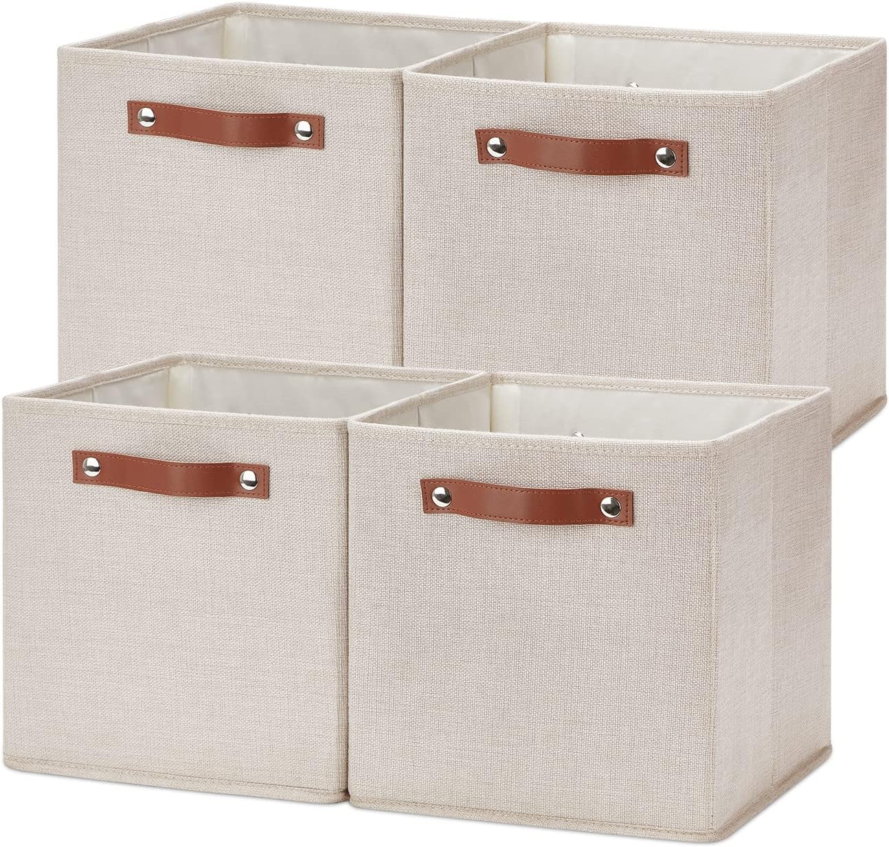 Temary 11x11 Storage Cubes Fabric Storage Cubes Storage Bins with Dual Leather Handles Canvas Storage Boxes for Organizing Home, Office, Nursery, Shelf, Closet (Beige, 11 x 11 x 11)