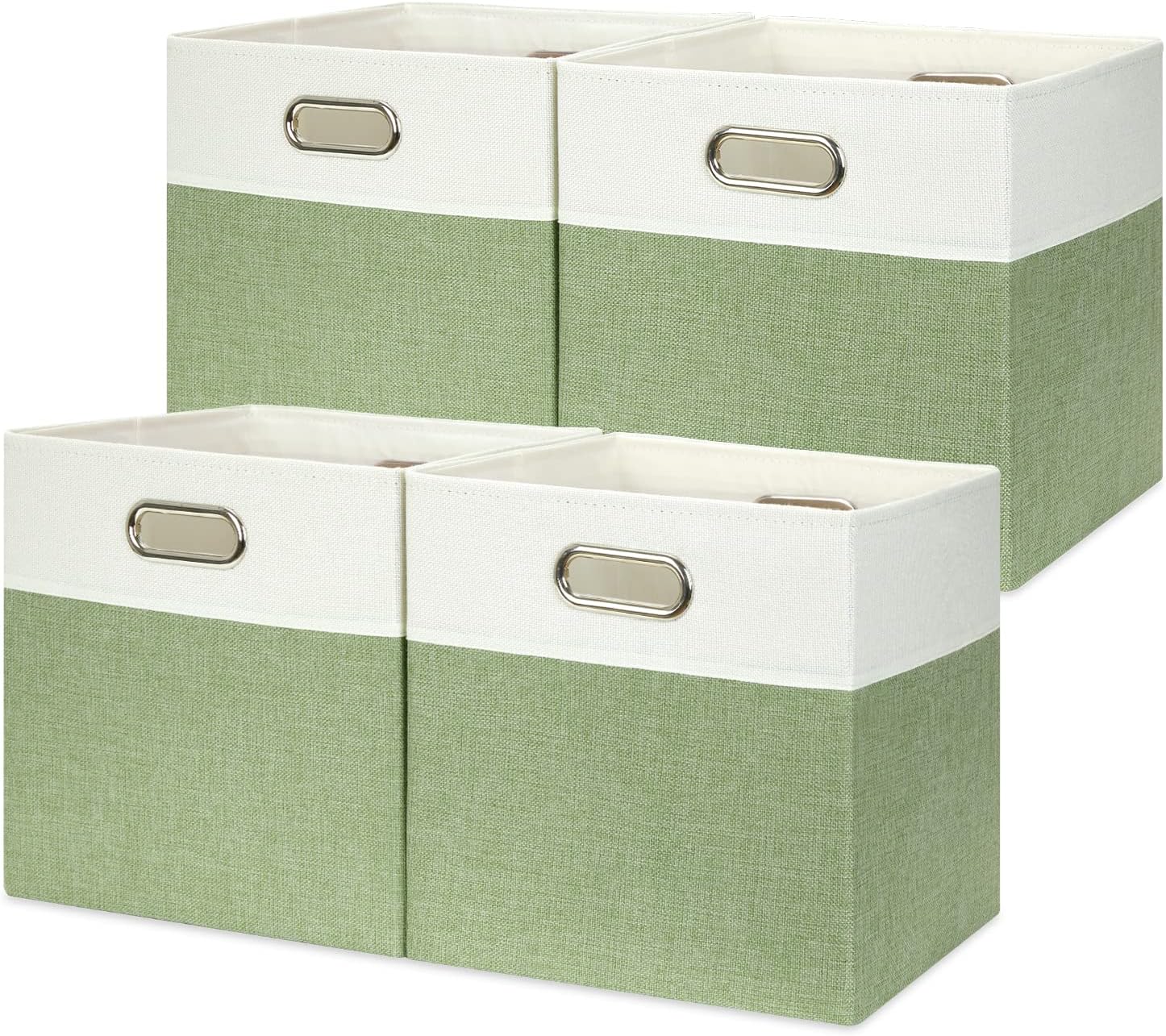 Temary Fabric Storage Cubes 11x11 Cube Storage Bins with Handles, 4 Pack Canvas Cube Storage Boxes Green Baskets for Organizing Closet, Foldable Cloth Baskets for Shelves (White&Green)