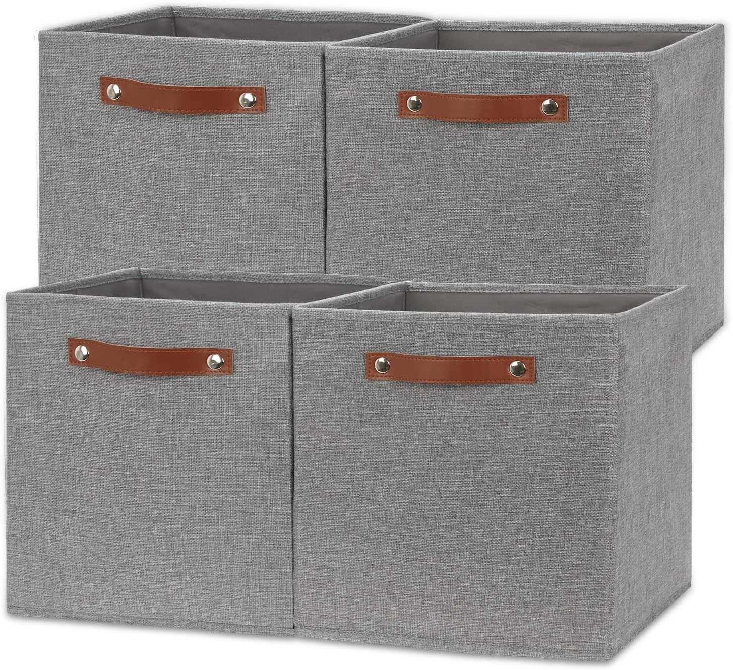 Temary 12x12 Storage Cube Bins 4 Pack Fabric Storage Cubes Storage Bins with Leather Handles, Storage Baskets Foldable Cube Organizers Bins for Home, Office, Nursery (Grey)