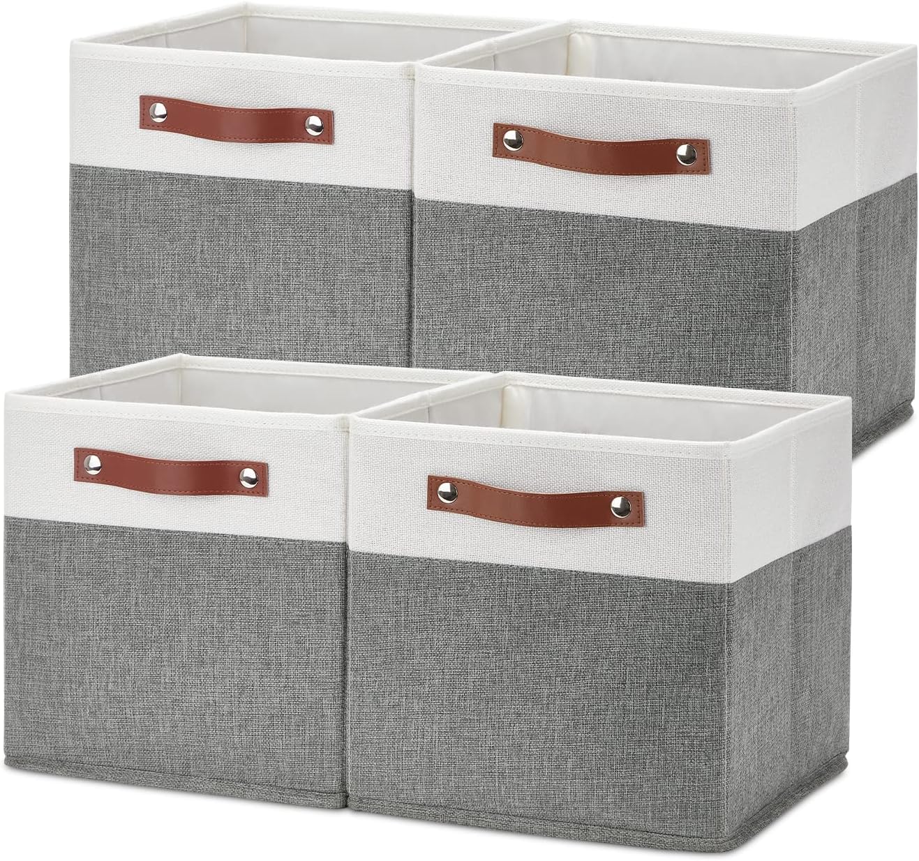 Temary Cube Storage Bins 4 Pack Storage Cubes 1111 Fabric Storage Bins Foldable Cube Storage Baskets with Handles, Collapsible Storage Basket for Shelf (White & Grey, 11 x 11 x 11)