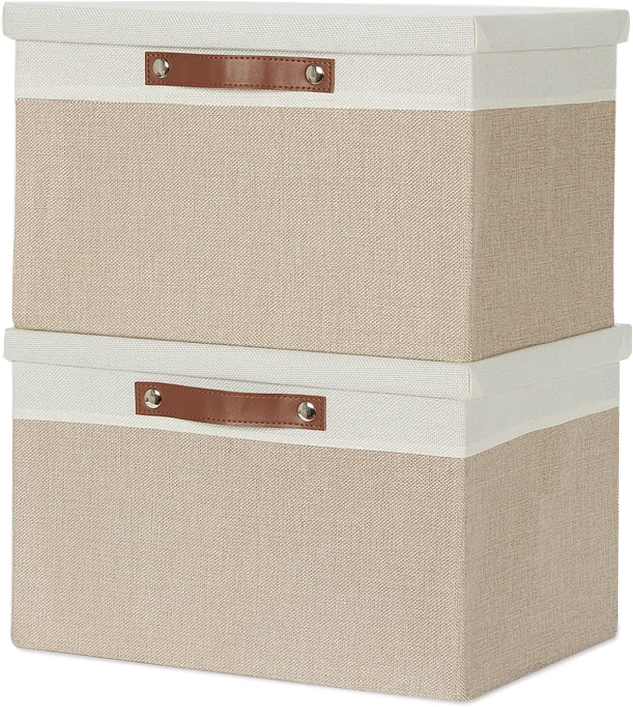 Temary Foldable Storage Bins with Lids, [2-Pack] Large Storage Baskets with Lid, Fabric Storage Bin for Organizing Home, Office, Nursery (White&Khaki, 15x11x9.5inch)