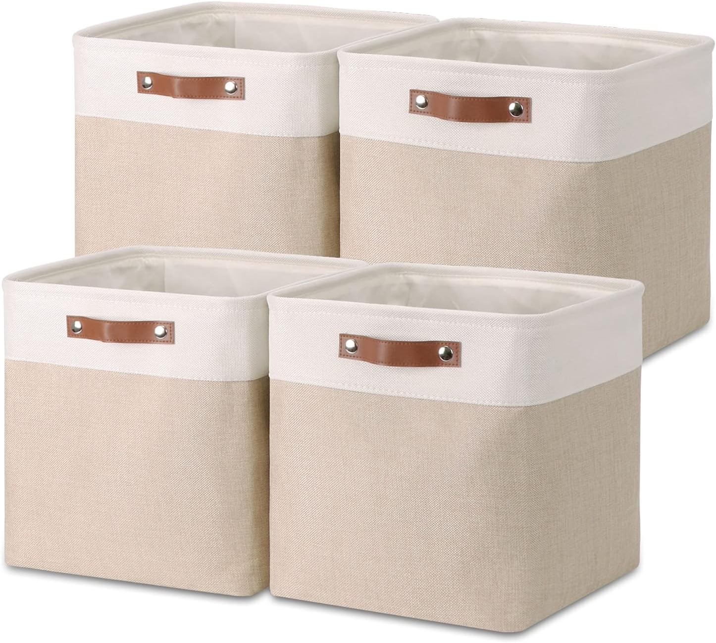 Temary Cube Storage Bins 13x13 Fabric Storage Cubes Baskets Set Of 4 Cloth Baskets for Shelf, Large Basket Gift Empty Toy Baskets for Kids, Dog Toy Baskets Cube Basket for Storage (White&Khaki)