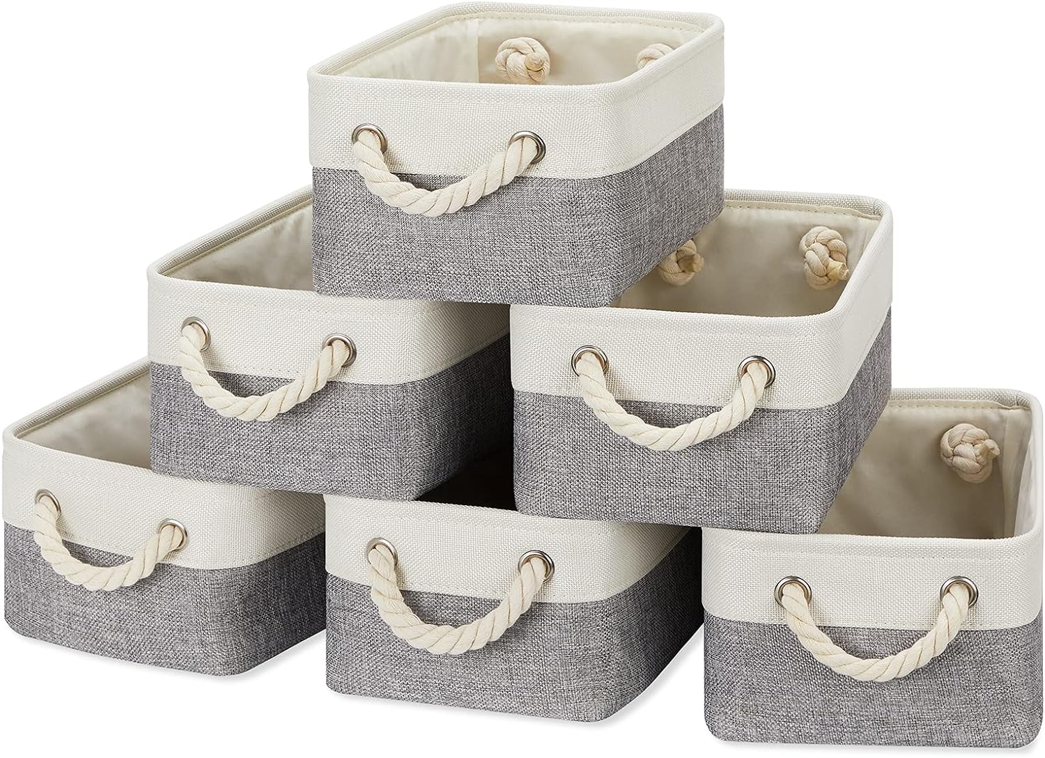 Temary Small Fabric Storage Baskets for Organizing Toys, 6Pcs Small Storage Bins, Decorative Collapsible Gift Baskets Empty for Home, Office, Nursery (White&Grey,11.8L x 7.9W x 5.3H inches)