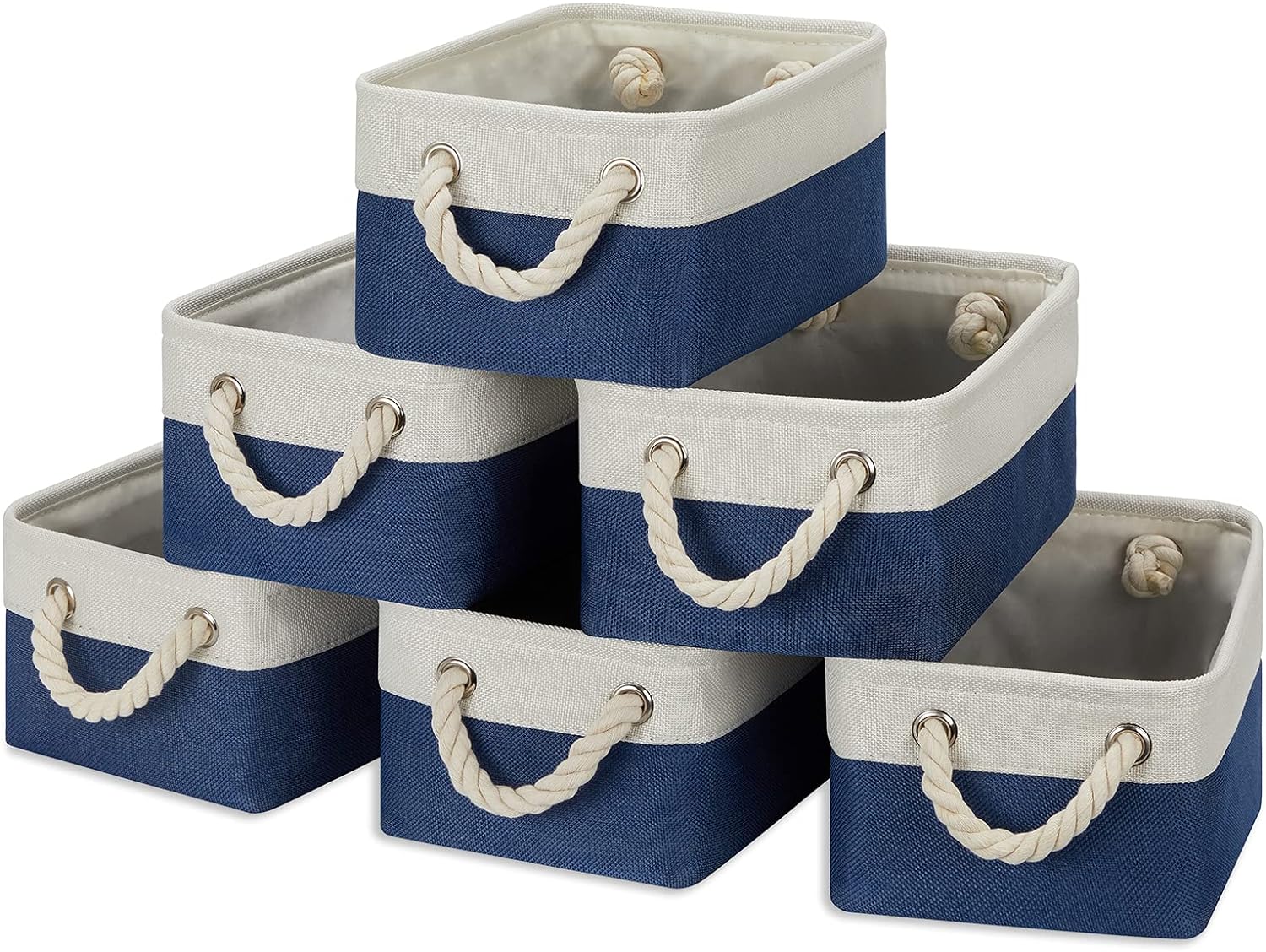 Temary Small Storage Baskets for Shelves, 6 Pcs Empty Gift Baskets for Organizing Clothes, Toys, Books, Fabric Storage Bins with Rope Handles (White&Blue,11.8 L x 7.9 W x 5.3 H inches)