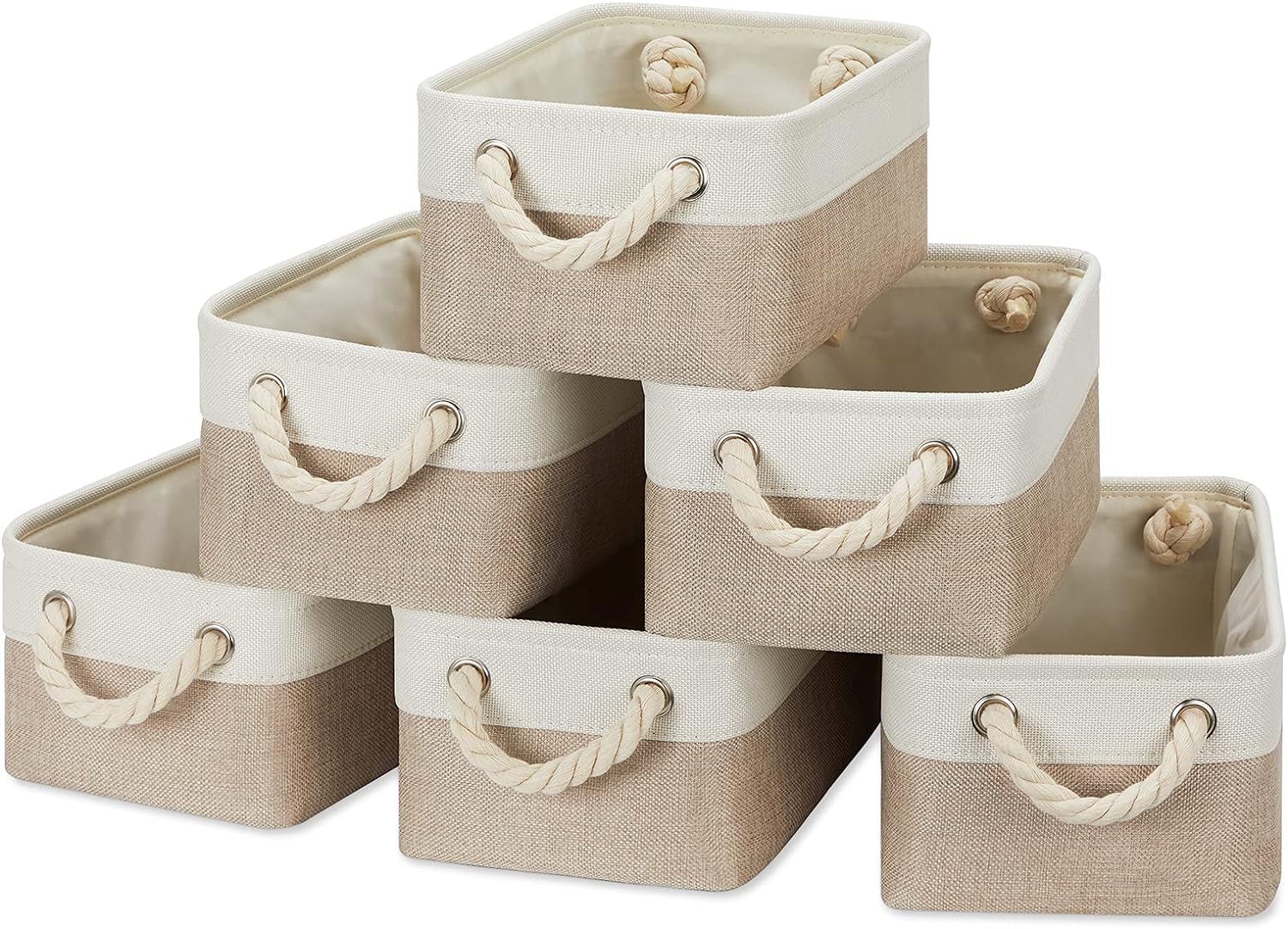 Temary Small Fabric Storage Baskets 6 Pcs Decorative Baskets Bins for Gifts Empty Foldable Storage Baskets with Handles for Organizing Shelf, Towels, Toys (White&Khaki,11.8 L x 7.9 W x 5.3 H inches)