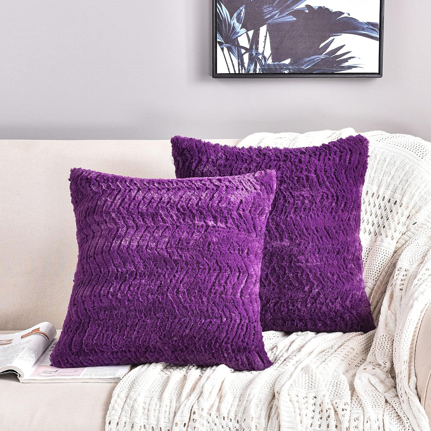 YUSOKI Luxury Faux Fur Throw Pillow Covers-18 x18,Set of 2-Decorative Fuzzy Fluffy Cozy Pillow Cases for Sofa Couch Bedroom Without Insert(Purple,18x18)