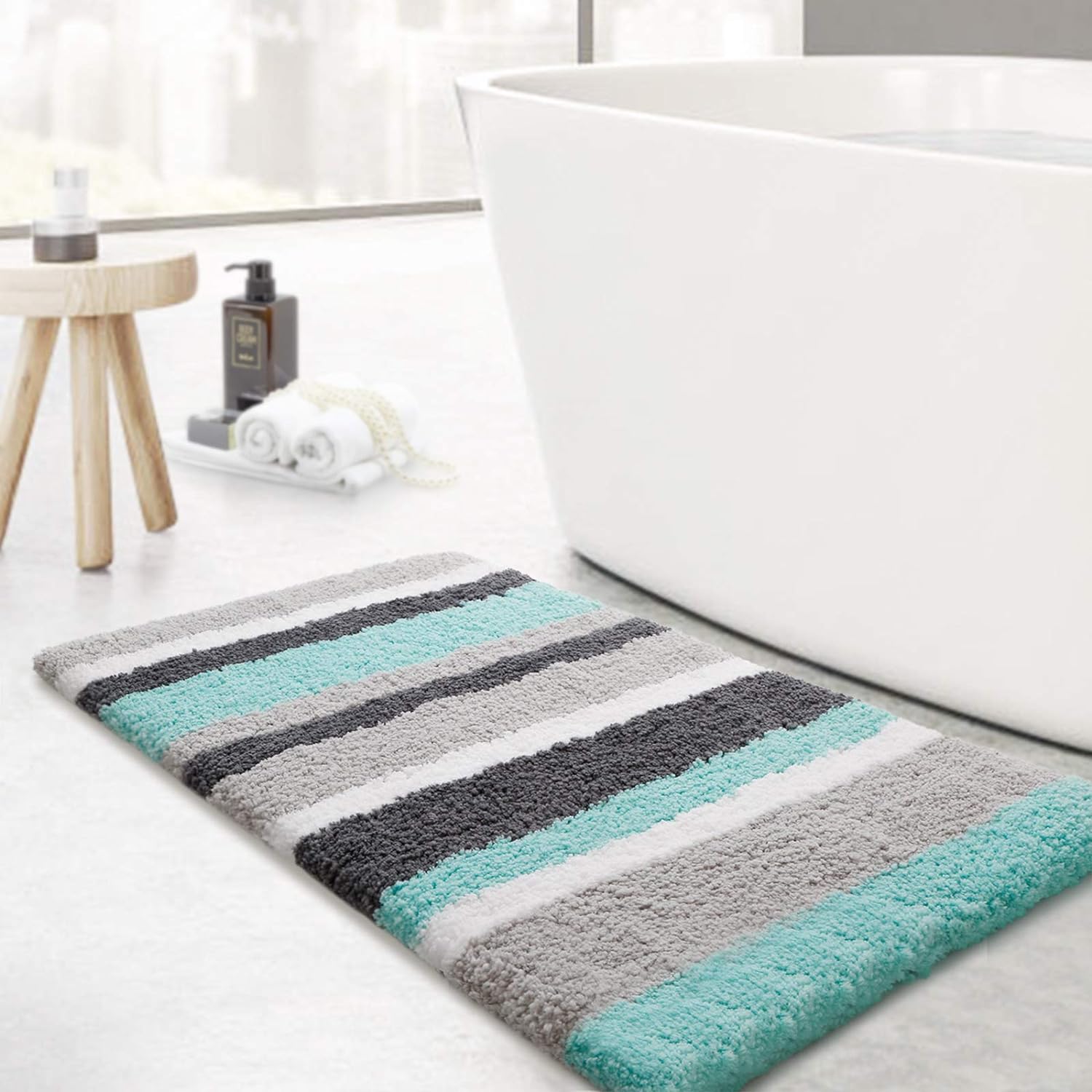 KMAT Luxury Rugs, 32in x20 In, Non-Slip Fluffy Soft Plush Microfiber Carpet, Machine Washable Quick Dry Ultra Shaggy Bath Mats for Tub, Bathroom and Shower, Green-Grey