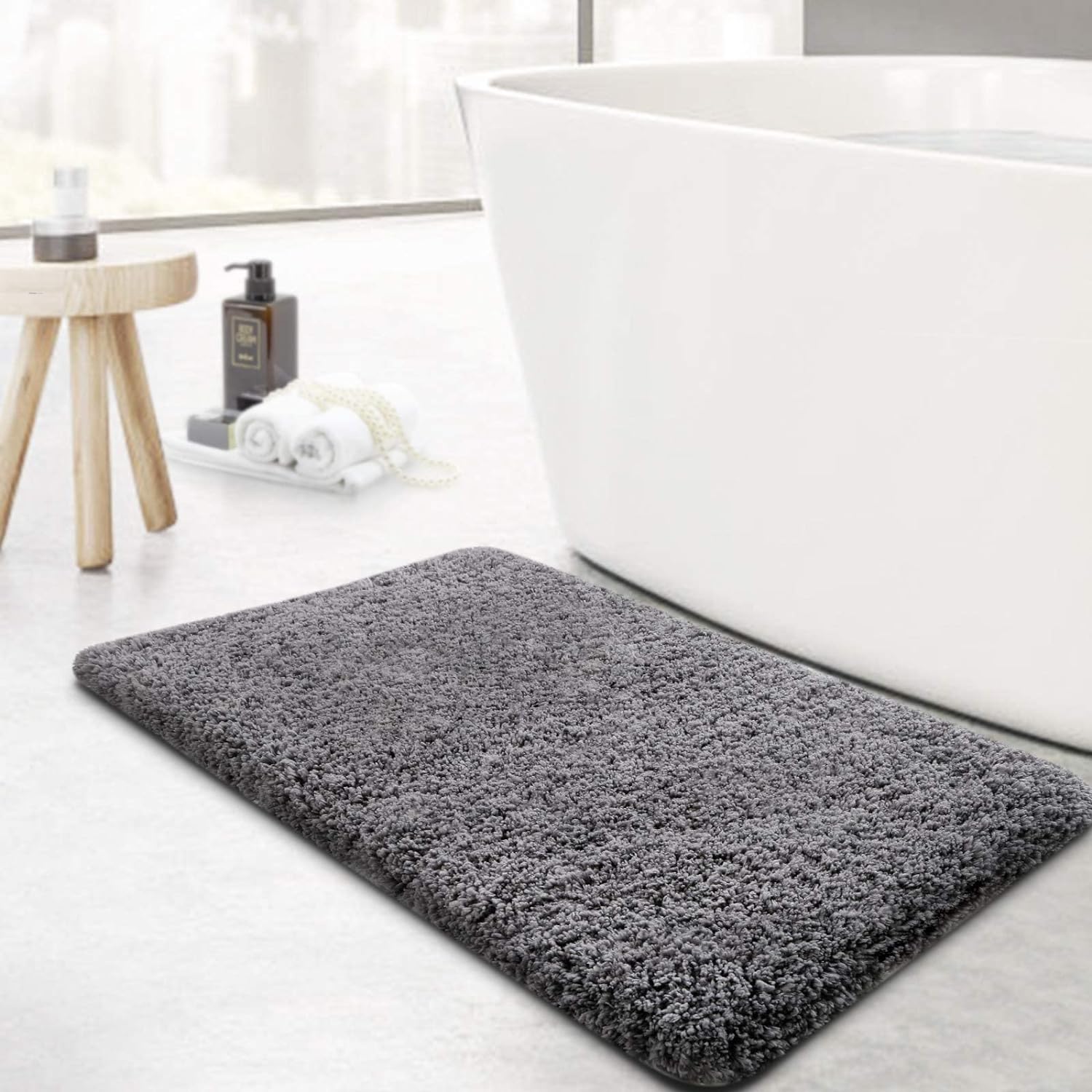 KMAT Bathroom Rugs Microfiber Bath Mat 20(W) x 32(L),Luxury Soft Shaggy Shower Rug, Non-Slip Absorbent Plush Throw Rugs Runner Carpet for Bathtub Shower Bathroom Bedroom,Machine Washable,Grey