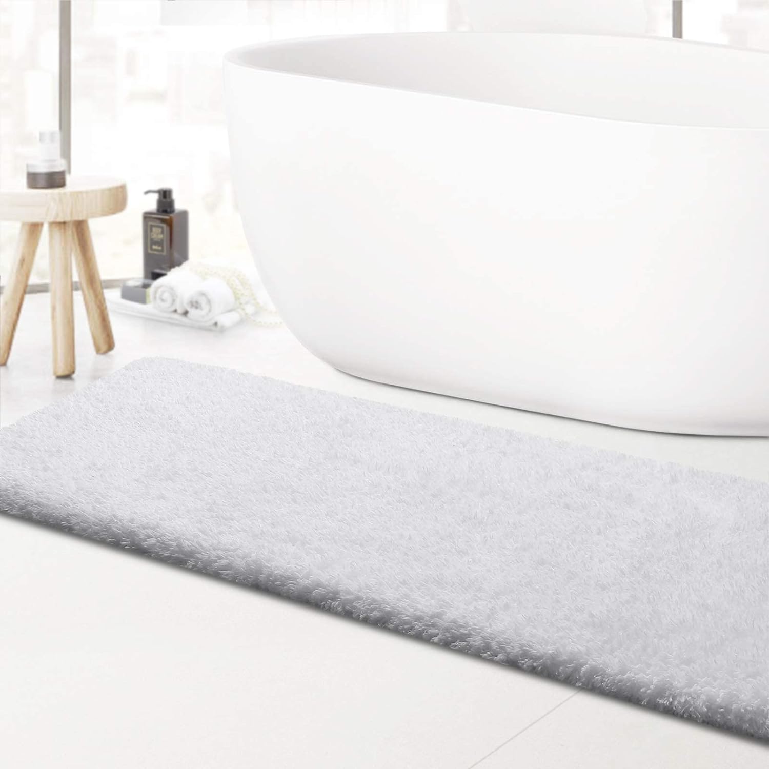 KMAT White Bathroom Rugs Microfiber Bath Mat 59(W) x 20(L),Luxury Soft Shaggy Shower Rug, Non-Slip Absorbent Plush Throw Rugs Runner Carpet for Bathtub Shower Bathroom Bedroom,Machine Washable