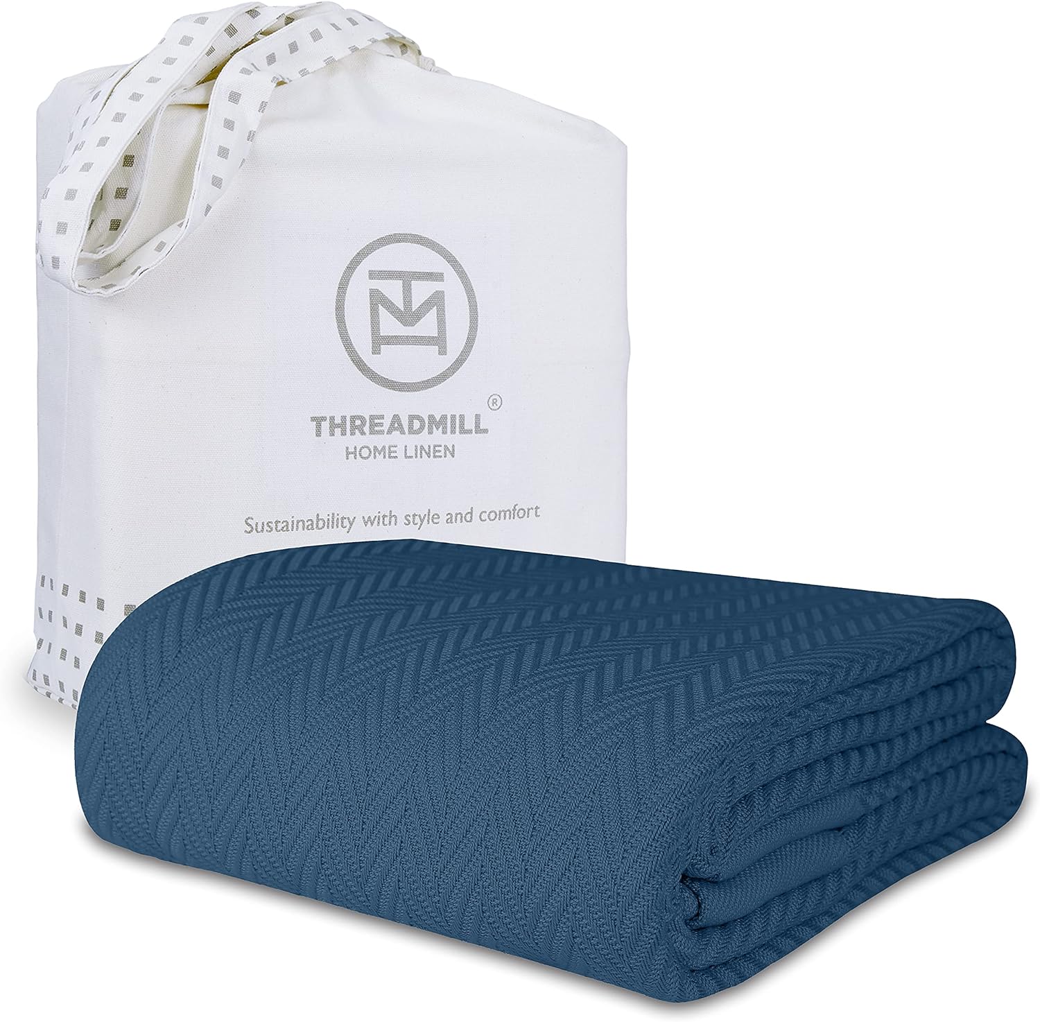 Threadmill Luxury Cotton Blankets for Queen Size Bed | All-Season 100% Cotton Queen Size Blanket | Herringbone Lightweight, Soft Breathable Fall Thermal Blanket fits Full Size Bed | Folkstone Blue