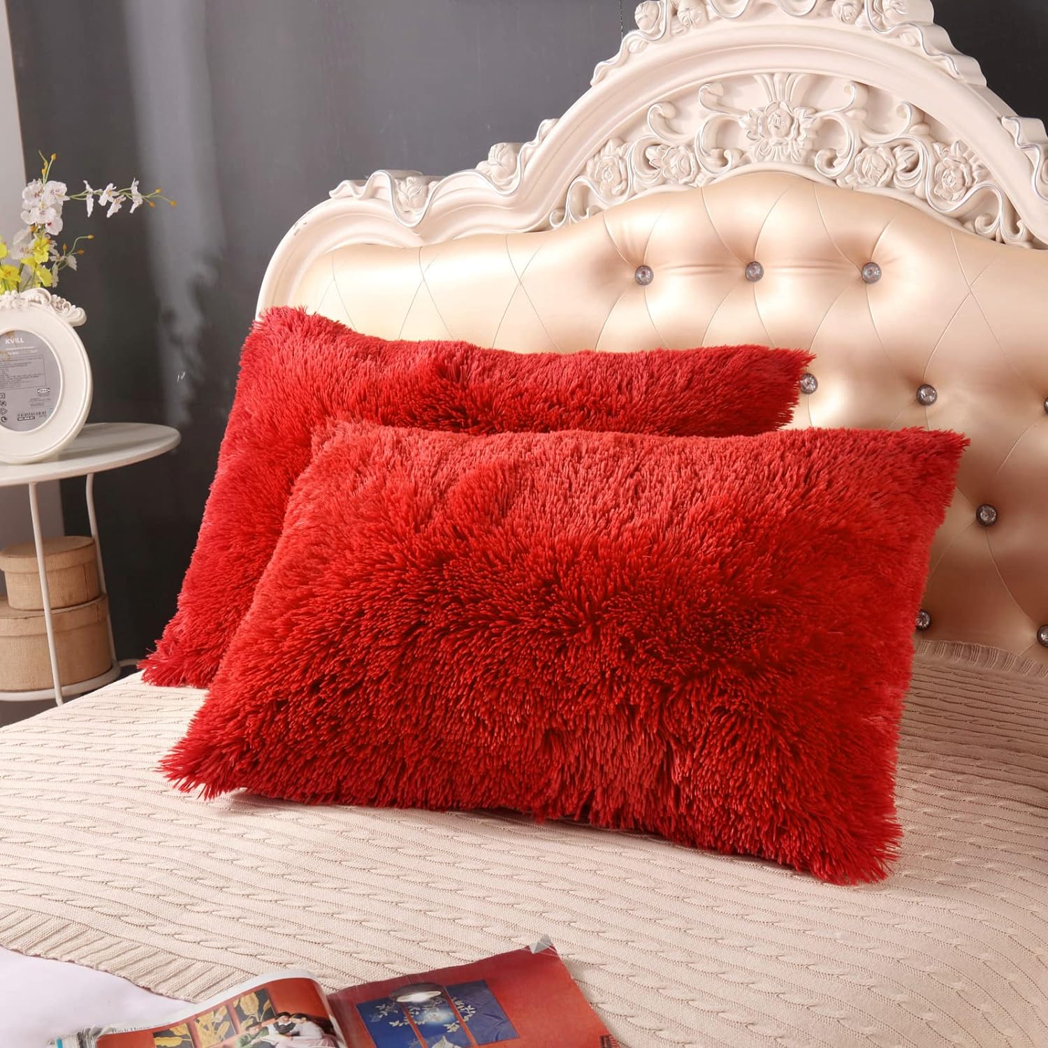 YUSOKI Red Faux Fur Throw Pillow Covers-20 x36,Set of 2-Fluffy Fuzzy Shaggy Cute Cushion Cases Pack of 2 Soft Fleece Pillow Shams Zipper Closure for Sofa Bed Decor Couch Bedroom Without Insert