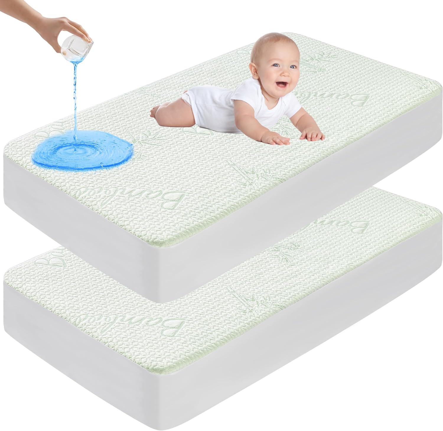 GOONIK 2 Pack Waterproof Crib Mattress Protector, Bamboo Viscose Breathable Crib Mattress Pad Cover for Baby Mattress with 4-13 inches Deep Pocket