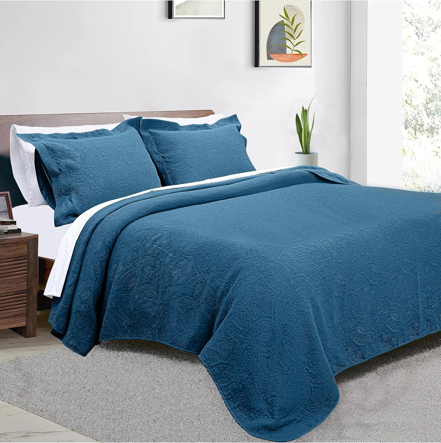 Threadmill King Size Quilt Bedding Set - Cotton Bamboo Soft Lightweight Summer Quilt Bedspread 3 Piece Set -Spring Field Pattern Coverlet for All Season - 1 Quilt 2 Pillow Shams - Folkstone Blue