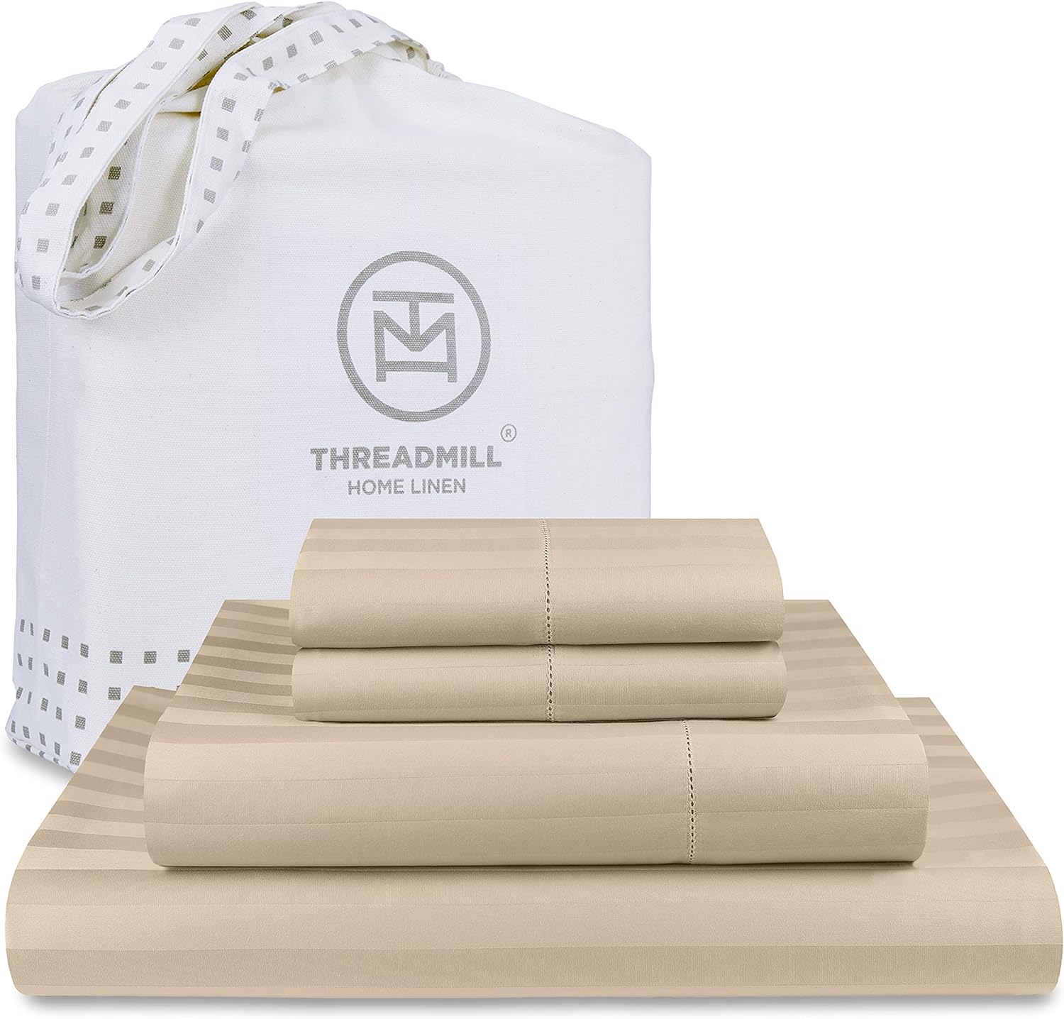 Threadmill 500 Thread Count Queen Size Damask Stripe, 4 Pc Luxury Cotton Bedding Set, Silky Smooth Light Beige Sheets with 16