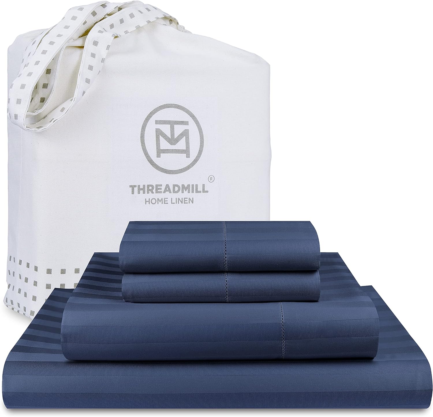 Threadmill 500 Thread Count Full-Size Damask Stripe, 4 Pc Luxury Cotton Sheet Set, Silky Smooth Folkstone Blue Sheets with 16