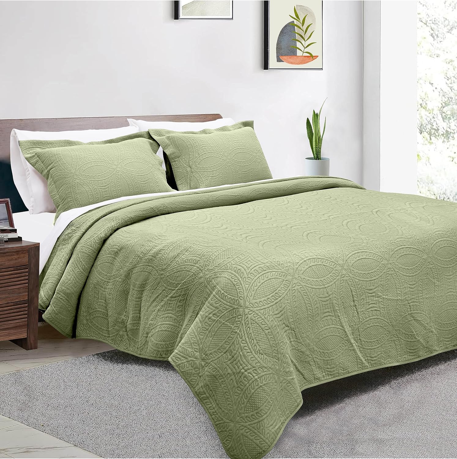 Threadmill King Size Quilt Bedding Set - Cotton Bamboo Soft Lightweight Summer Quilt Bedspread 3 Piece Set - Modern Circle Pattern Coverlet for All Season - 1 Quilt 2 Pillow Shams - Sage Green