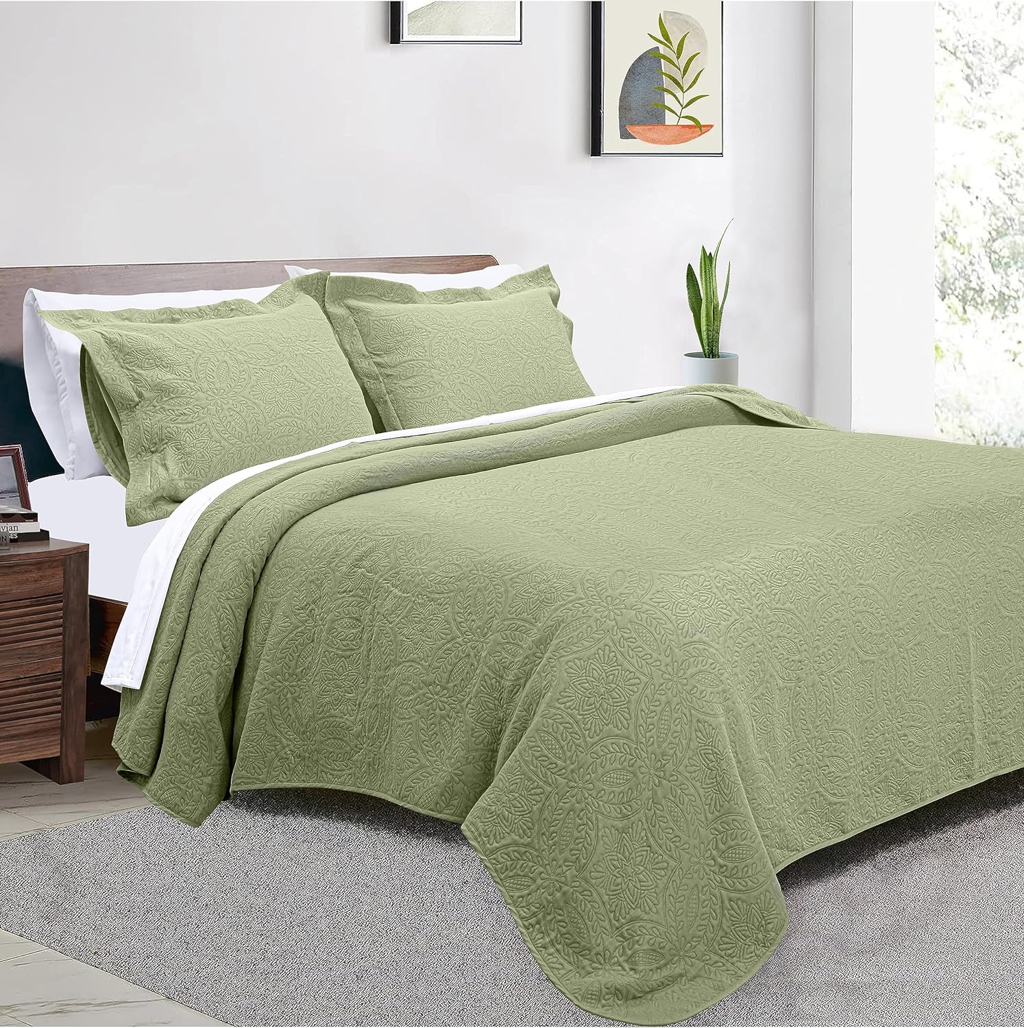 Threadmill King Size Quilt Bedding Set - Cotton Bamboo Soft Lightweight Summer Quilt Bedspread 3 Piece Set - Modern Spring Field Pattern Coverlet for All Season - 1 Quilt 2 Pillow Shams - Sage Green