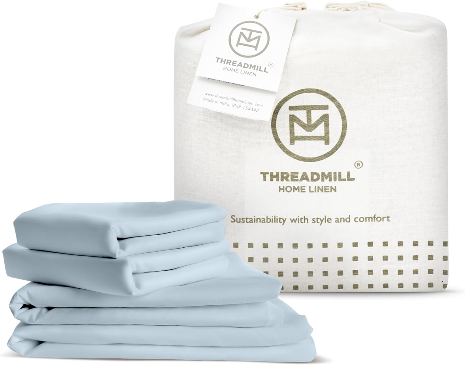 Threadmill 100% Organic Cotton Sheets - Queen, 4 Piece, Light Blue - Certified by GOTS - Soft and Cooling Bedsheet Set with Reusable Bag, Snug Fit with 16