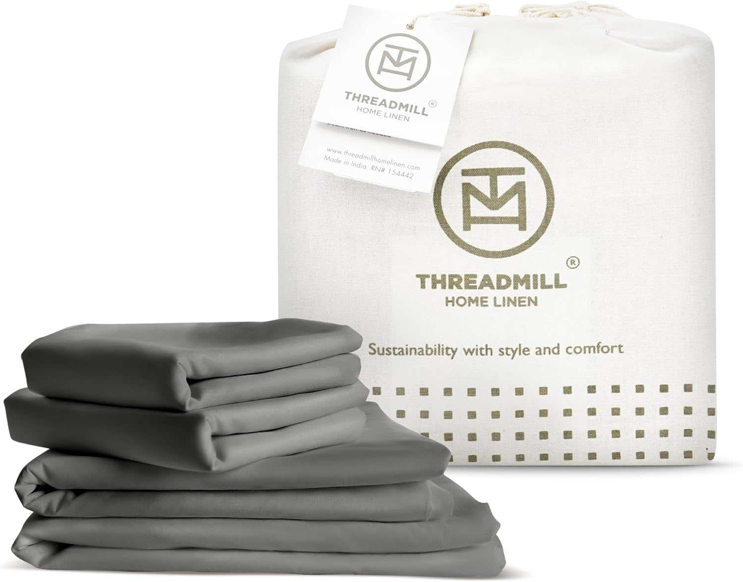 Threadmill 100% Organic Cotton Queen Sheets - GOTS Certified 4 Piece Dark Grey Percale Sheets Set - Soft & Cooling Bedsheet Set with Reusable Bag, Snug Fit with 16