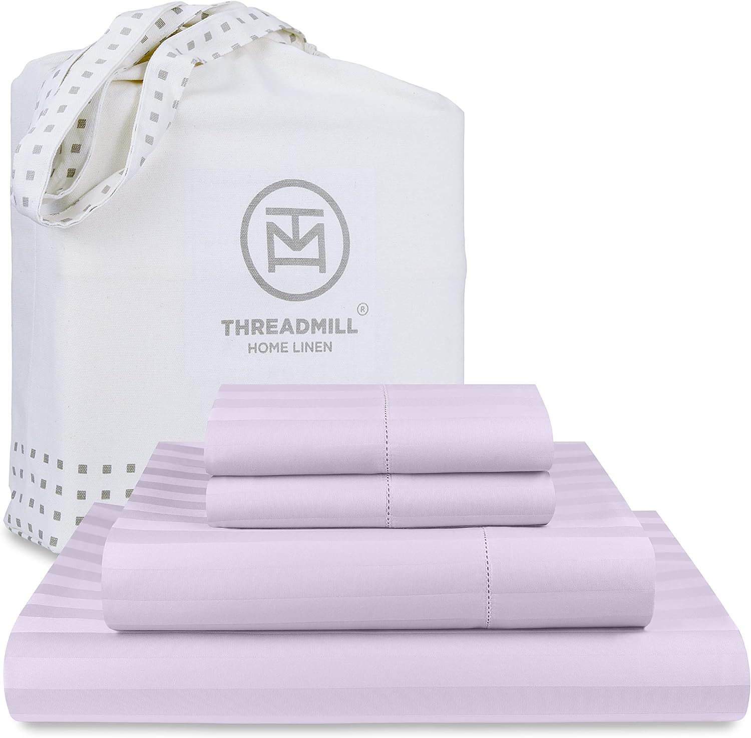 Threadmill 500 Thread Count Queen Size Damask Stripe, 4 Pc Luxury Cotton Bedding Set, Silky Smooth & Breathable Lilac Sheets with 16