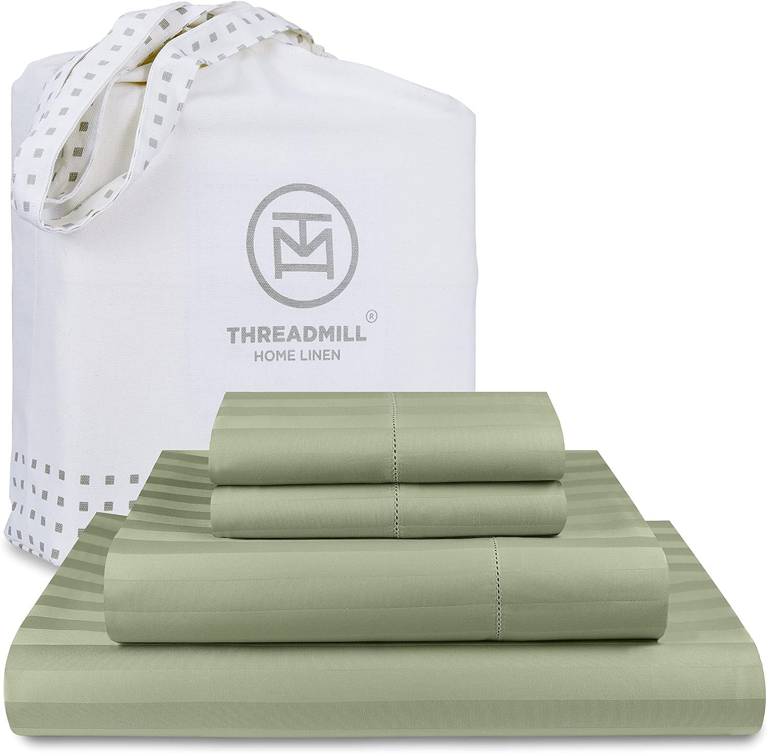 Threadmill 500 Thread Count Queen Size Damask Stripe, 4 Pc Luxury Cotton Bedding Set, Silky Smooth Sage Green Sheets with 16