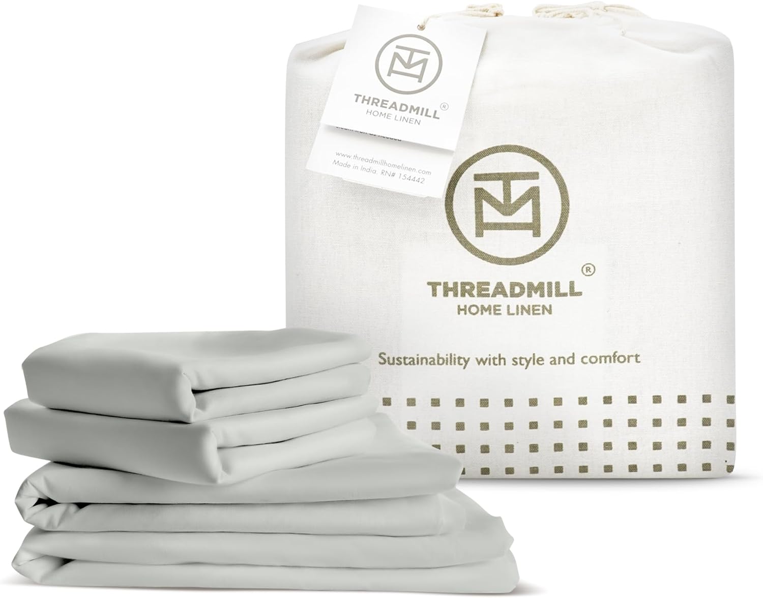 Threadmill 100% Organic Cotton Sheets - Queen, 4 Piece, Light Grey - Certified by GOTS - Soft and Cooling Bedsheet Set with Reusable Bag, Snug Fit with 16