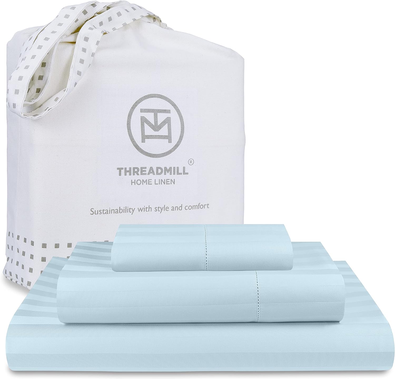 Threadmill 500 Thread Count Twin Size Damask Stripe, 3 Pc Luxury Cotton Bedding Set, Breathable Light Blue Sheets with 15