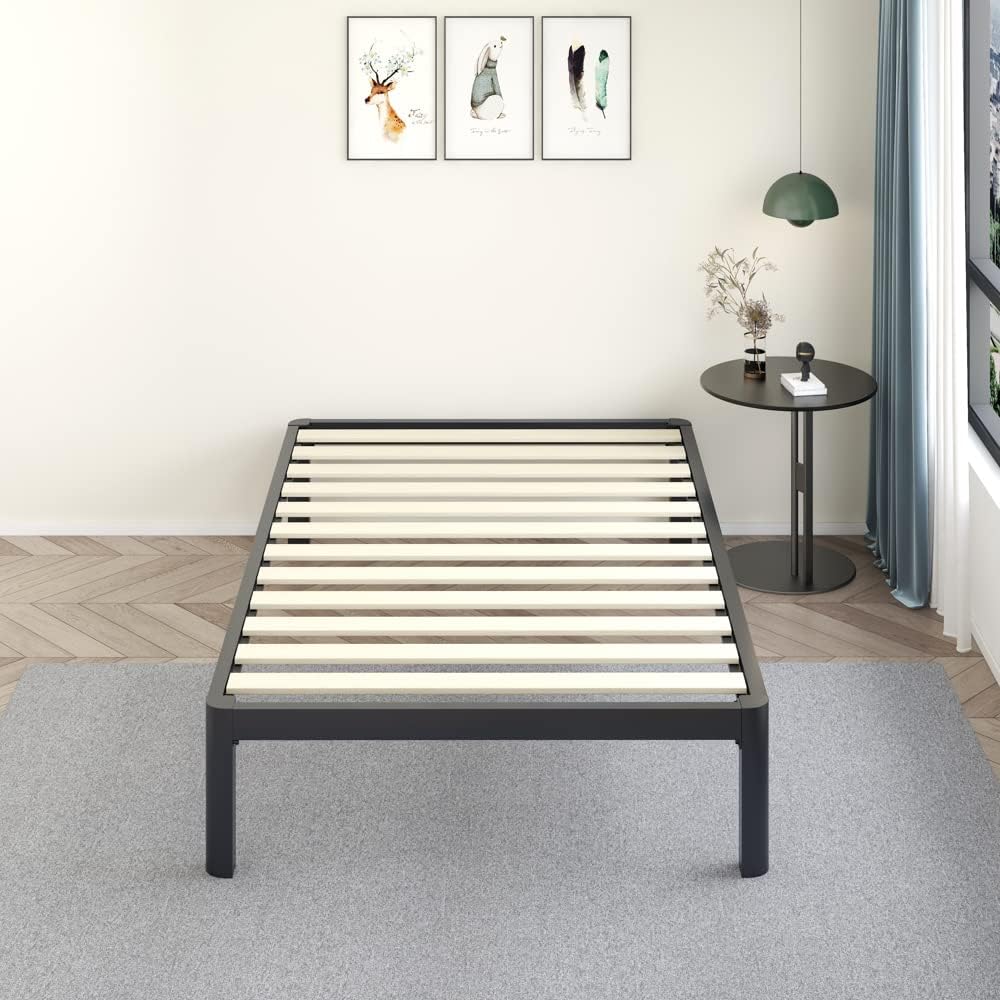 MAF 14 Inch Twin Platform Bed Frames with Wooden Slats, Black 3500 Lbs Heavy Duty Metal Bed Frame with Anti-Collision Round Legs, No Box Spring Needed, Easy Assembly